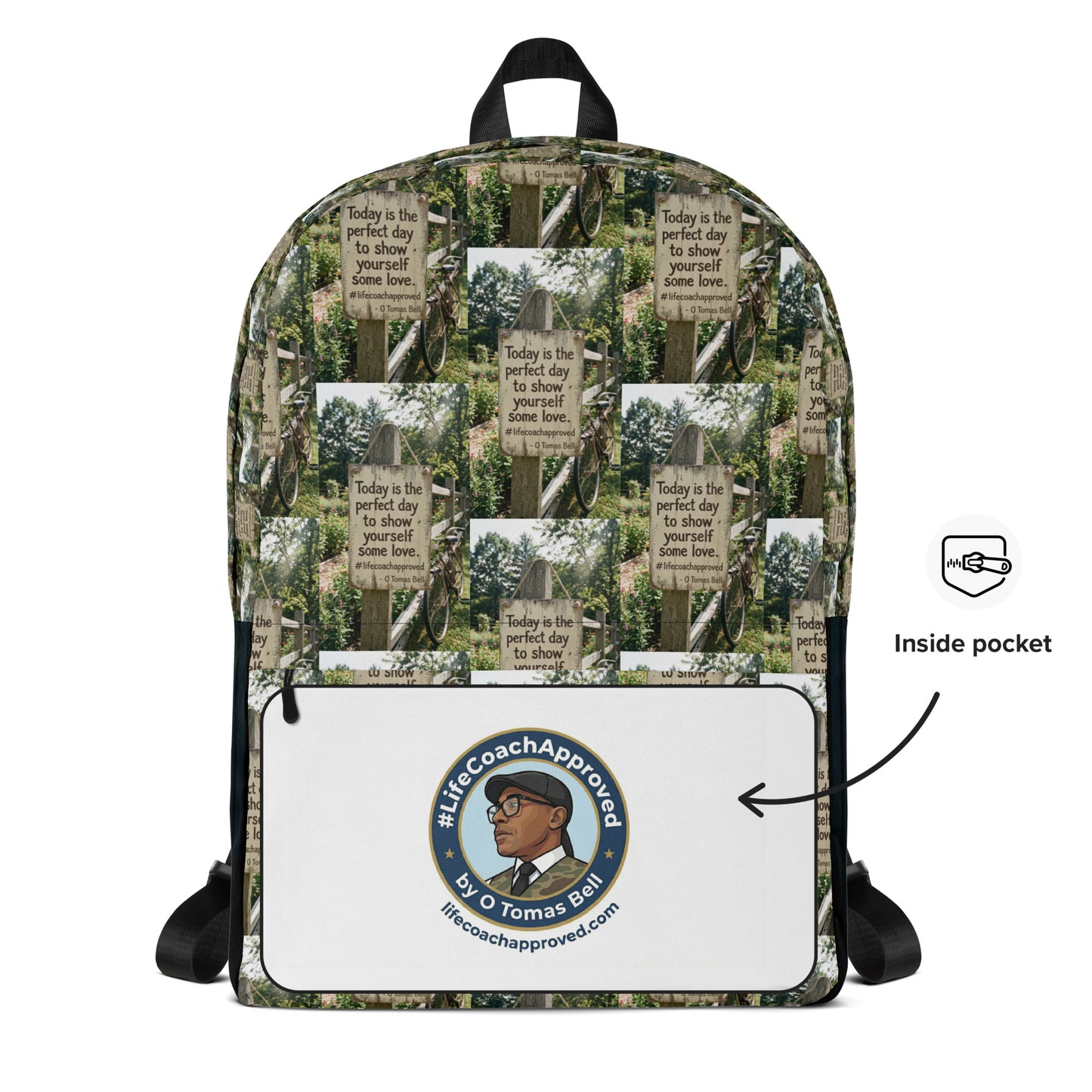 Printed canvas backpack with inside white pocket showing logo, black top handle
