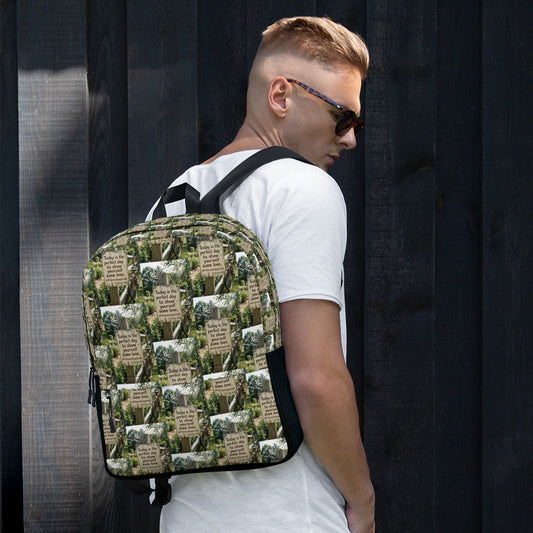 Self love backpack with green-and-beige photo collage print and black side panels