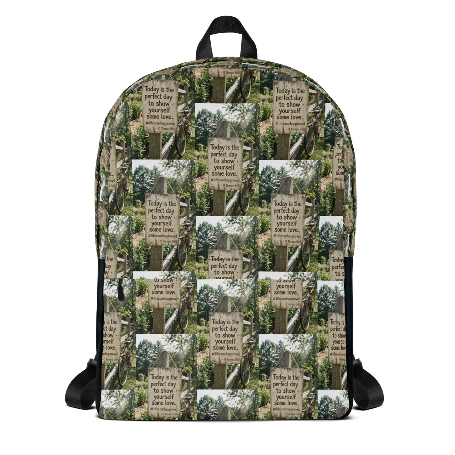 Self love backpack front view, green-and-beige collage print with black trim and handles