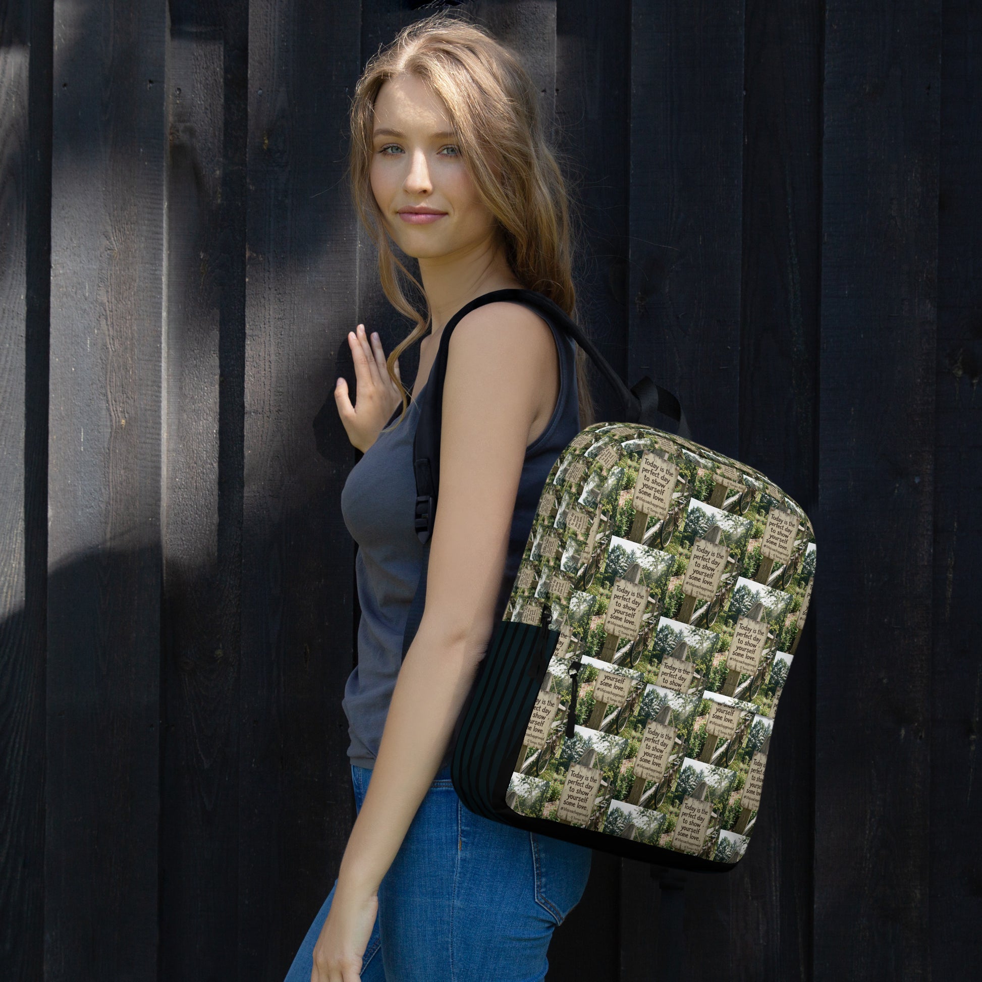 Self love backpack carried on shoulder, green-and-beige collage print with black side pocket
