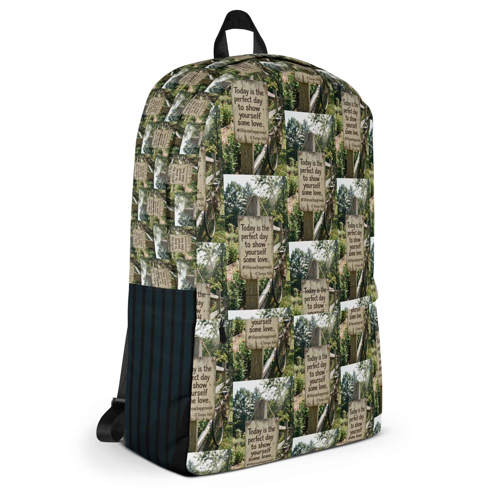 Self love backpack 3/4 view, green-and-beige collage print with black bottom panel and straps
