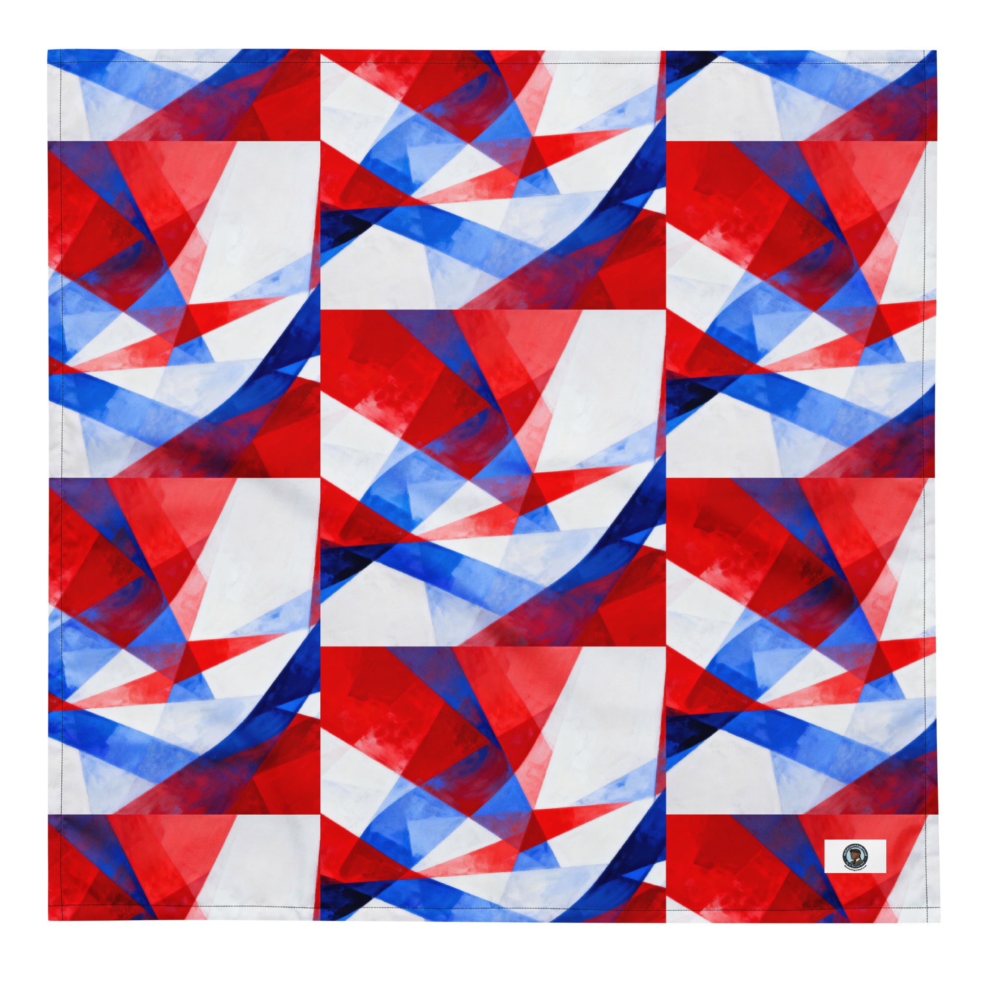 Red, white, and blue geometric patterned bandana with small corner logo patch