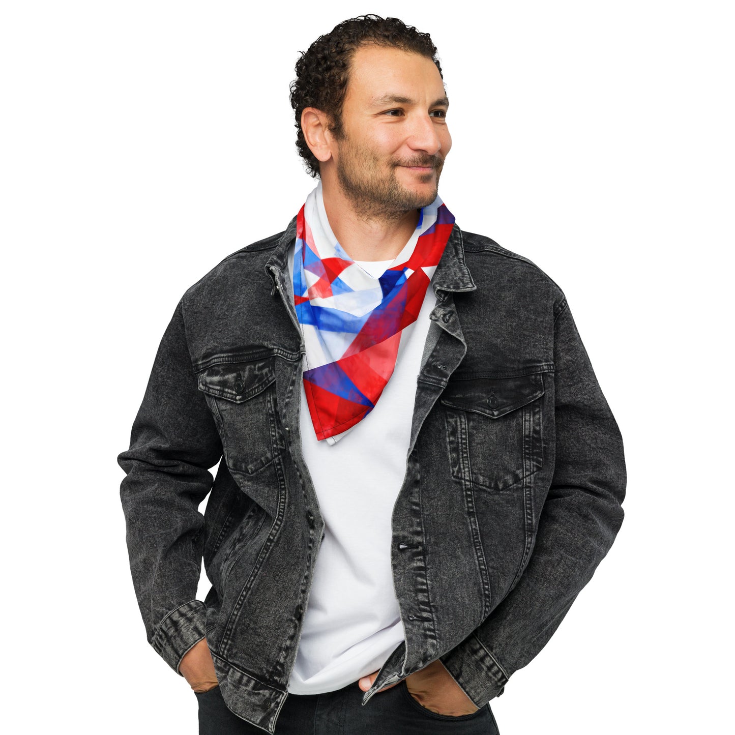 Red, white, and blue geometric bandana around a man’s neck