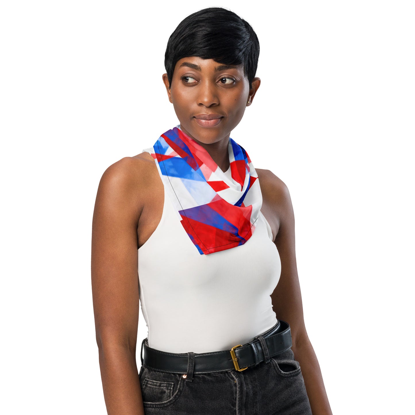 American flag print bandana headscarf in red, white, and blue with neck drape