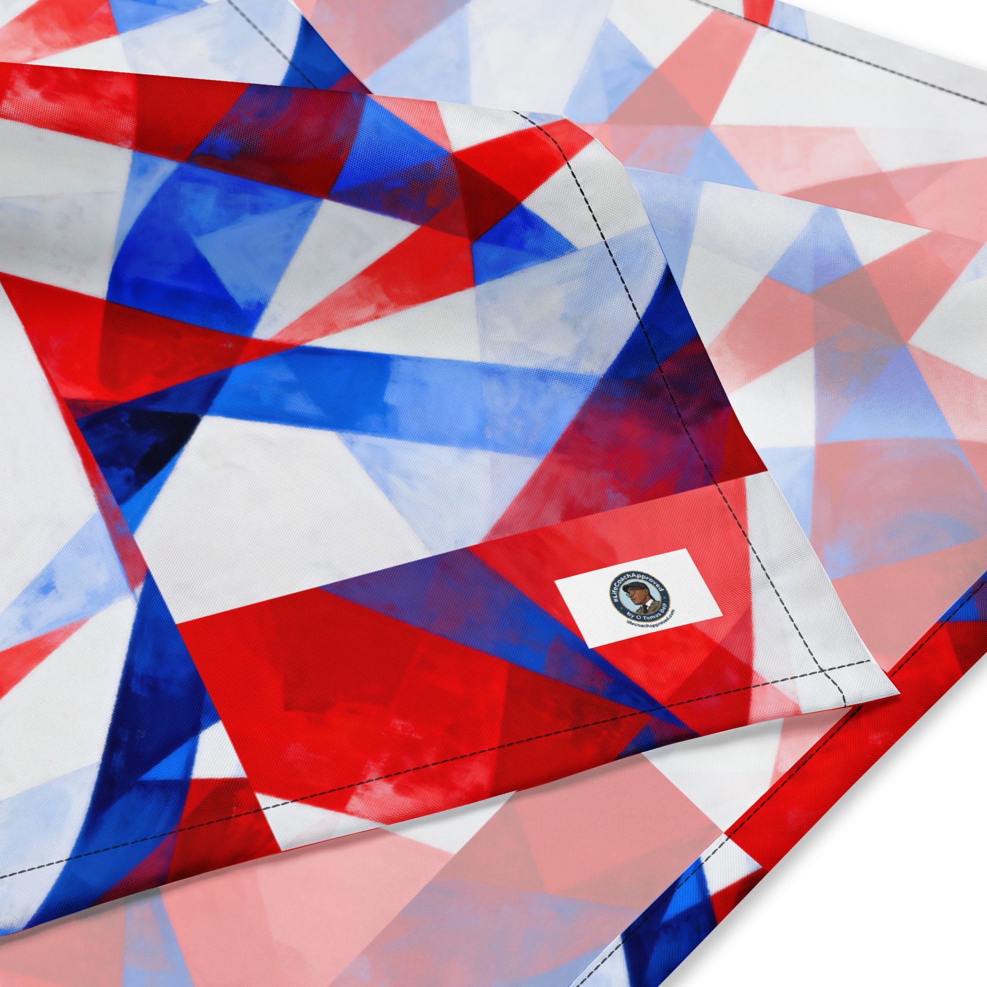 American flag print bandana fabric with logo patch, red blue white geometric pattern