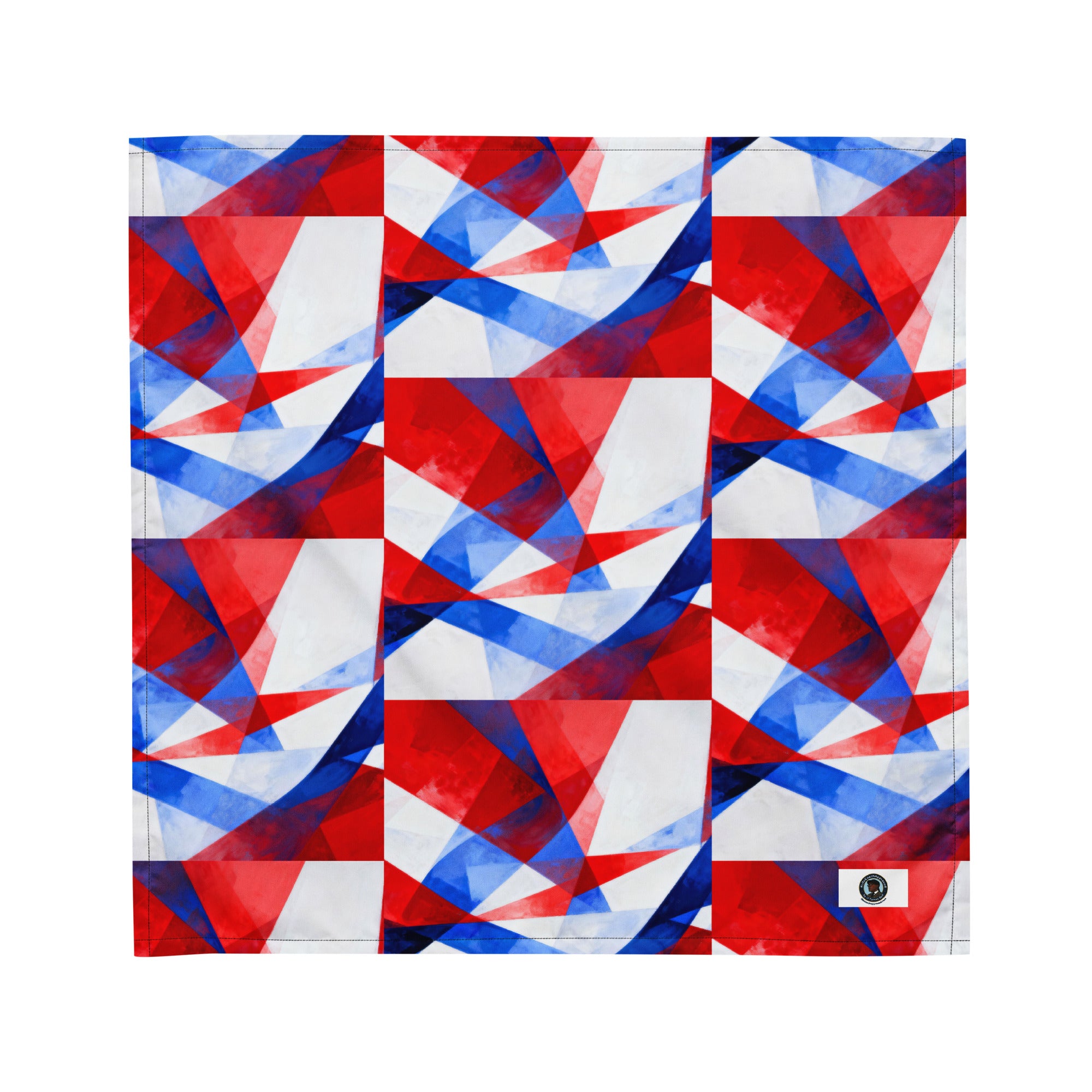 Red, white, and blue geometric American flag bandana with stitched edge detail