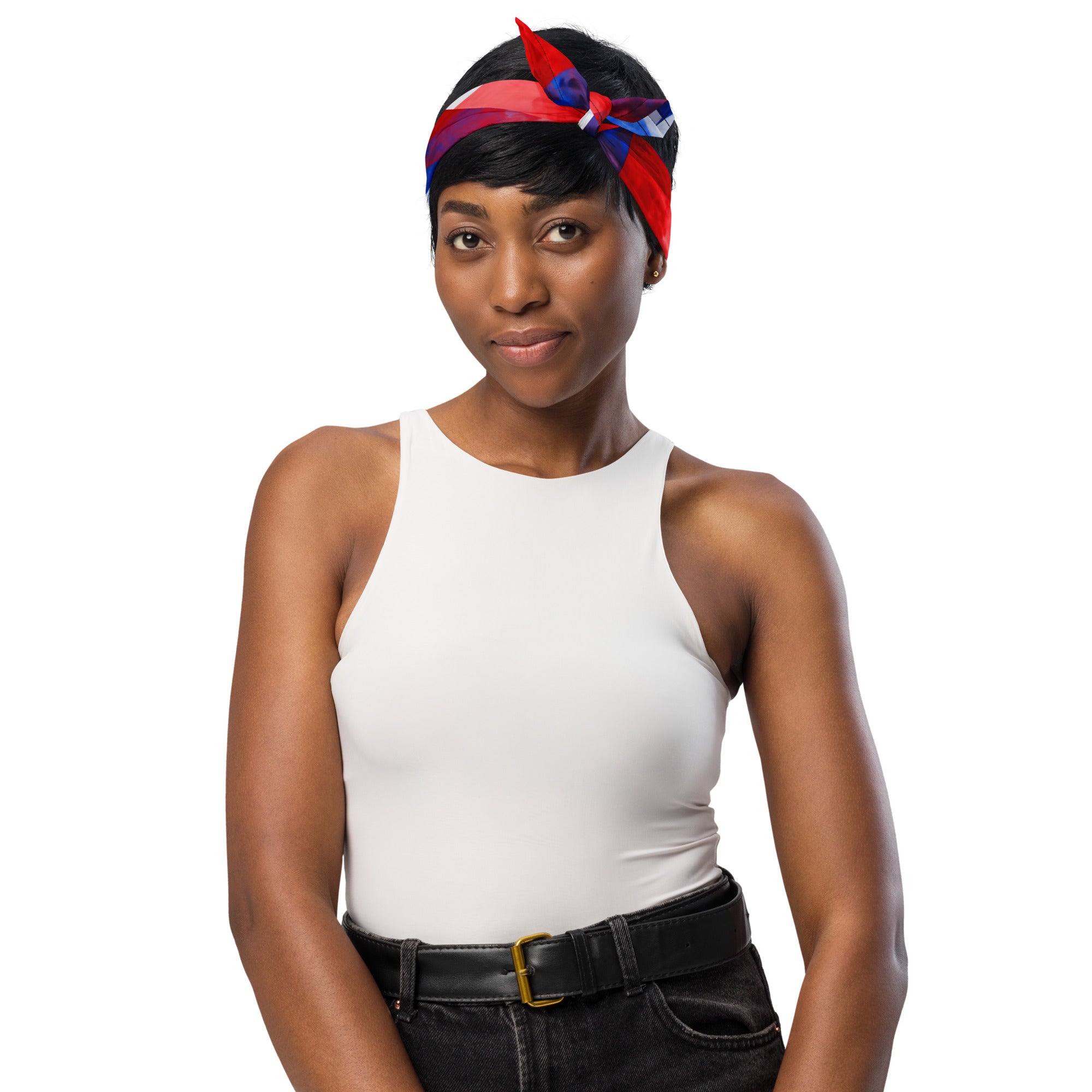 Red, white, and blue geometric bandana worn as a head wrap with bow