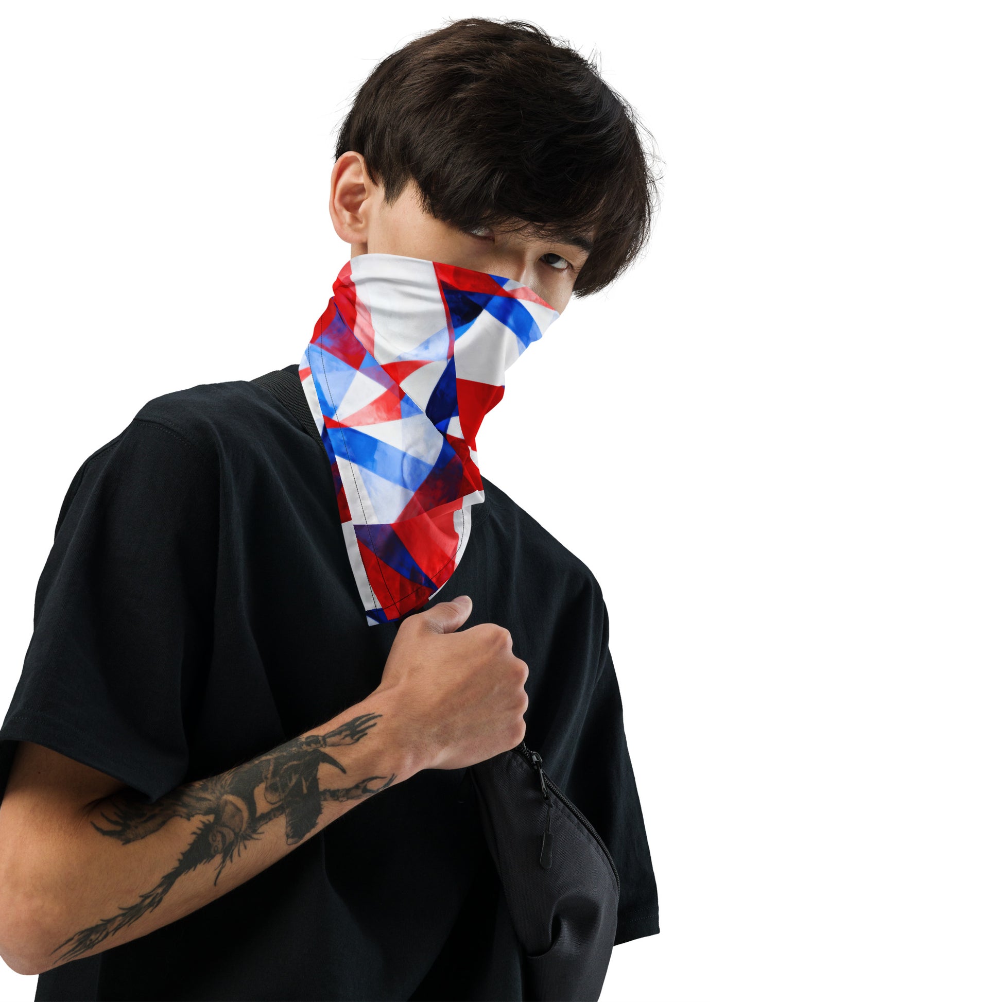 Red, white, and blue geometric bandana covering a person’s face and neck