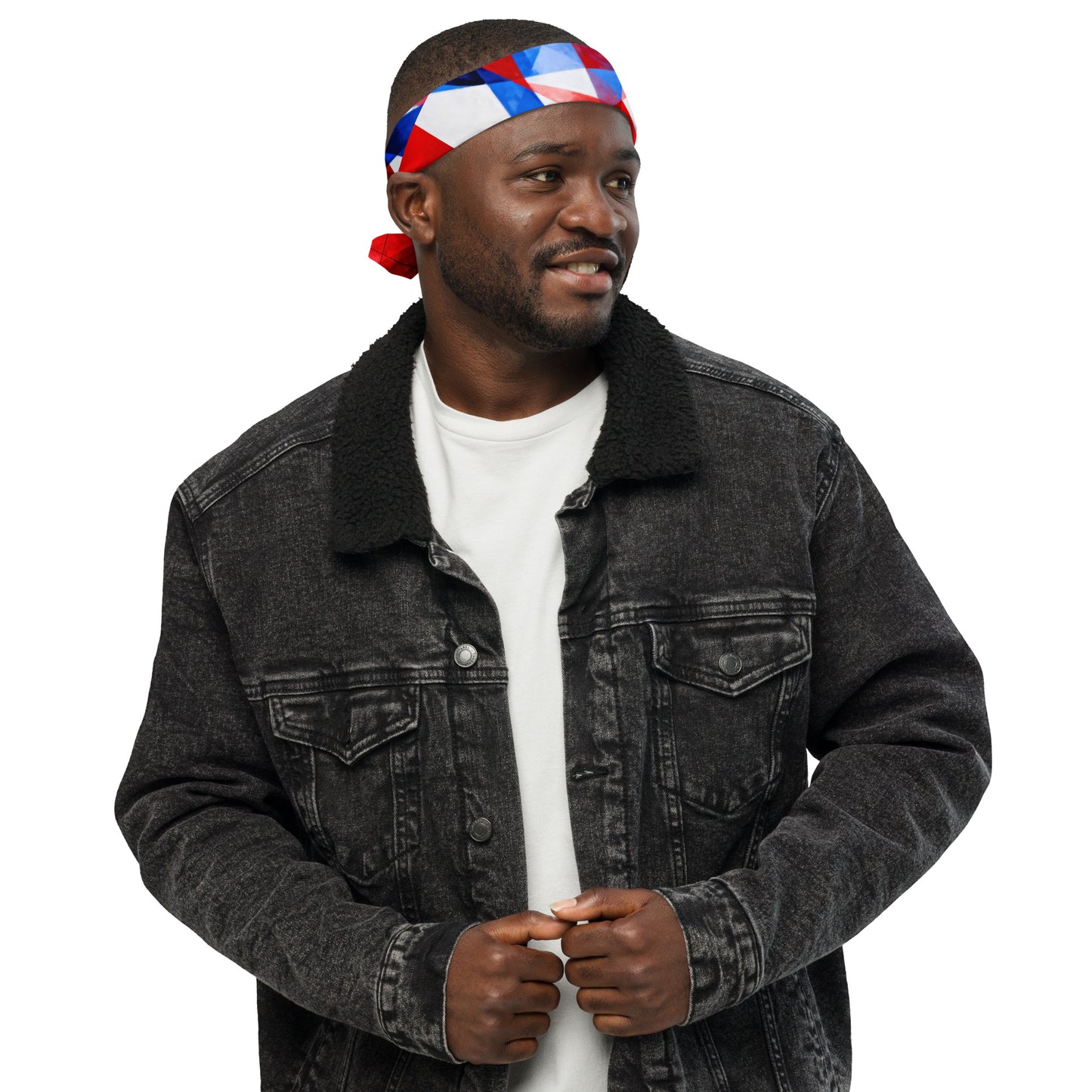 American flag print bandana headscarf in red, white, and blue, tied around head