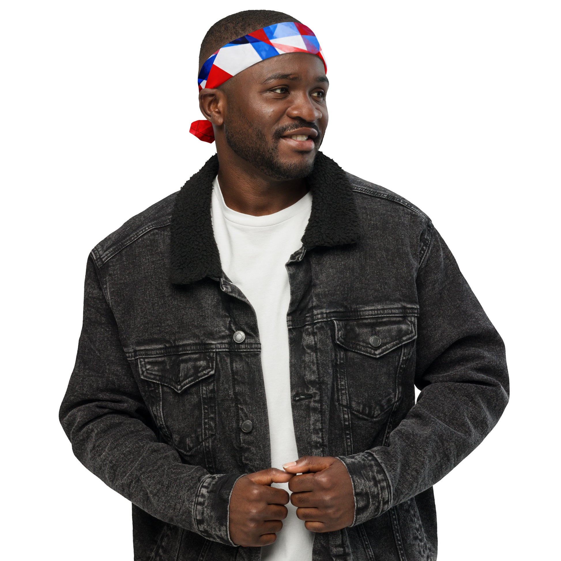American flag print bandana headscarf in red, white, and blue, tied around head