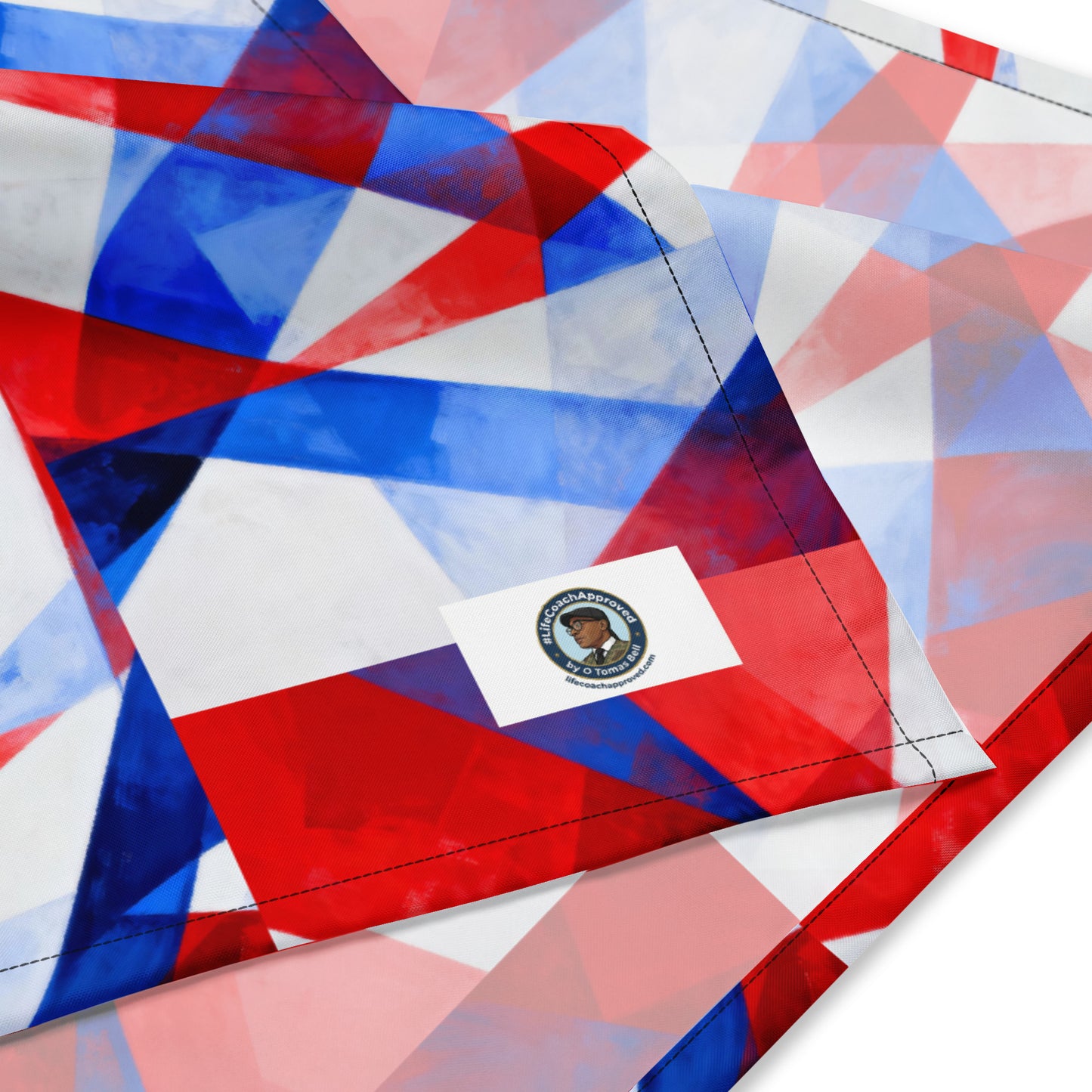 American flag print bandana fabric with stitched edge and small center logo patch