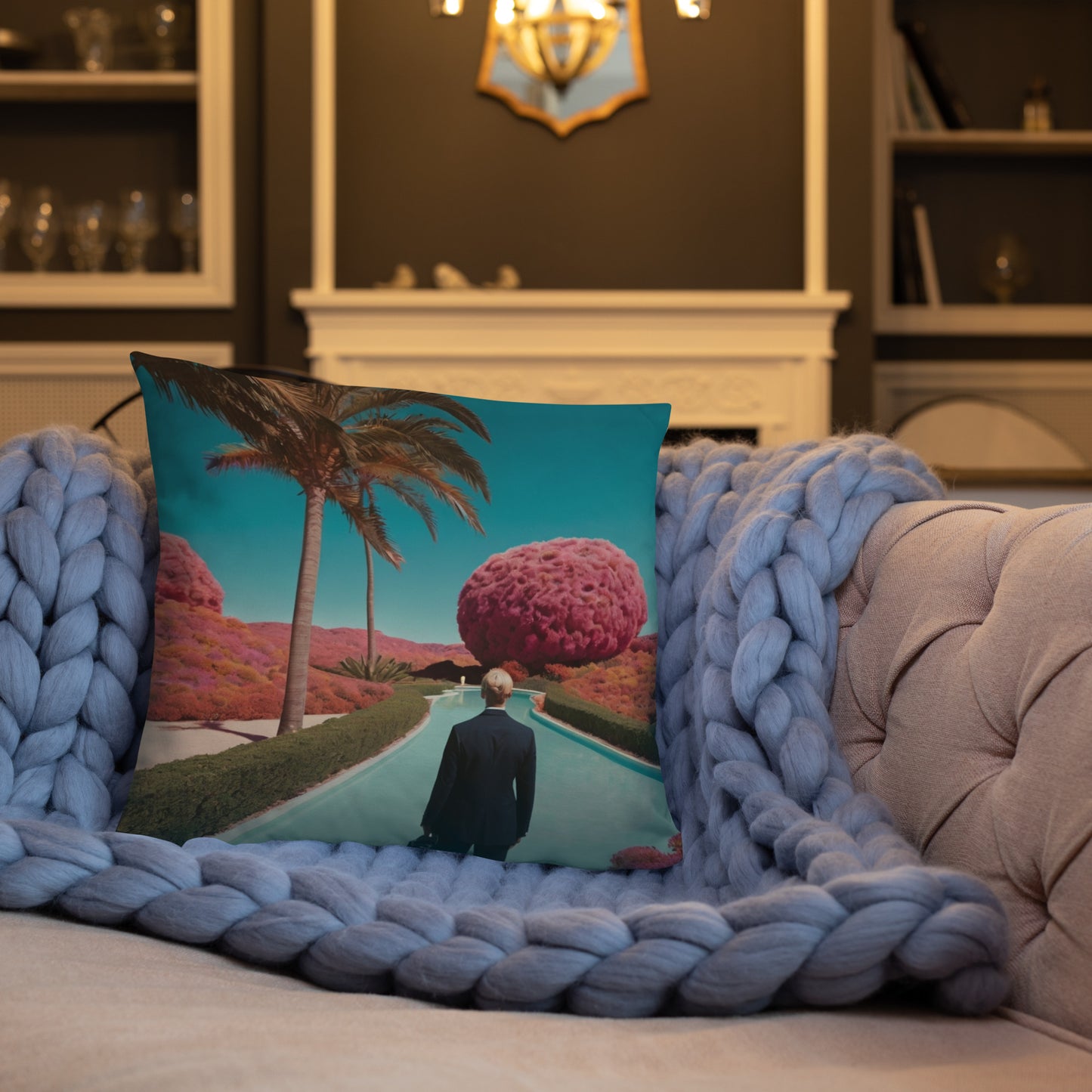Accent pillow with teal landscape graphic, palm tree and pink round tree.