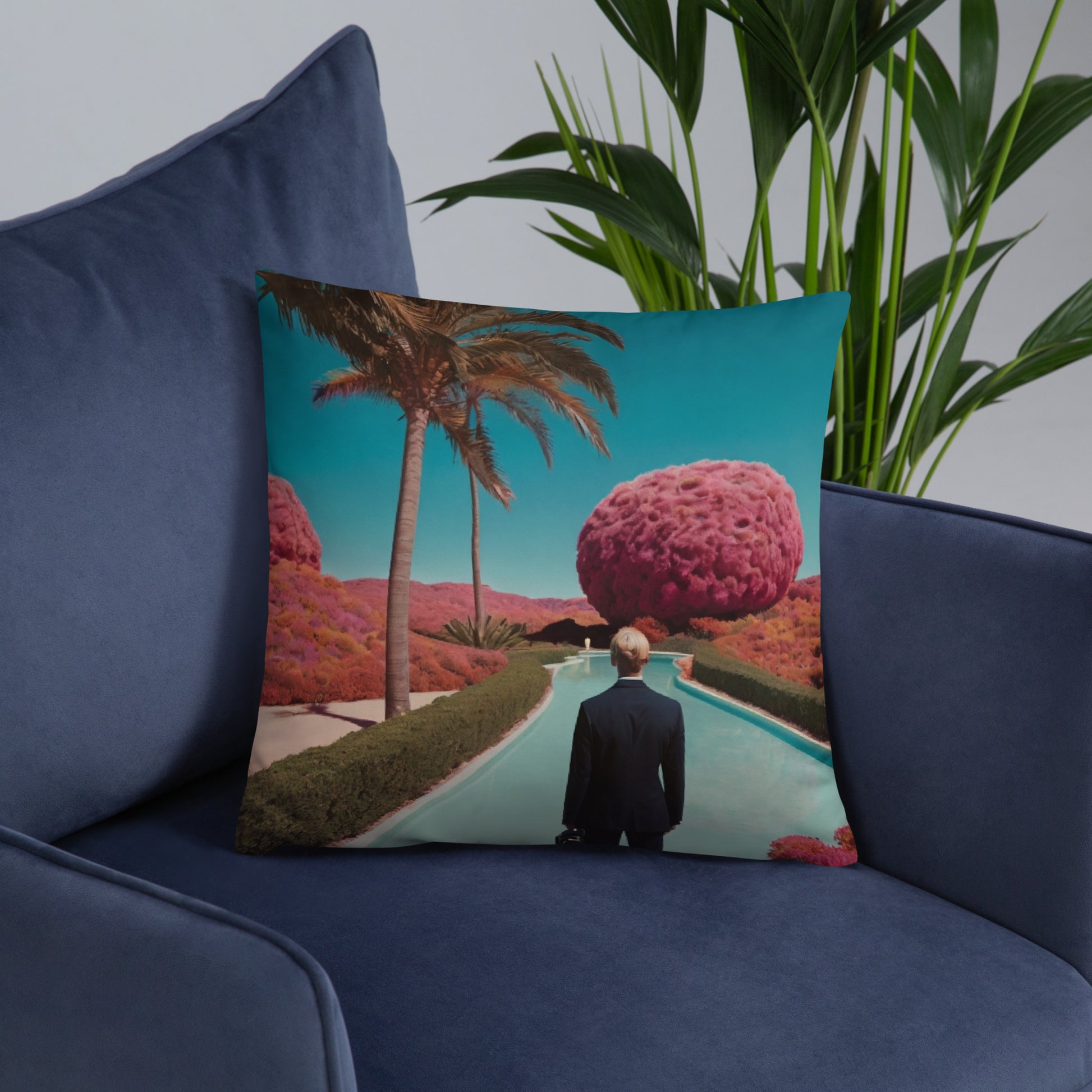 Accent pillow with teal tropical artwork: palm tree, pink canopy, and man at path.