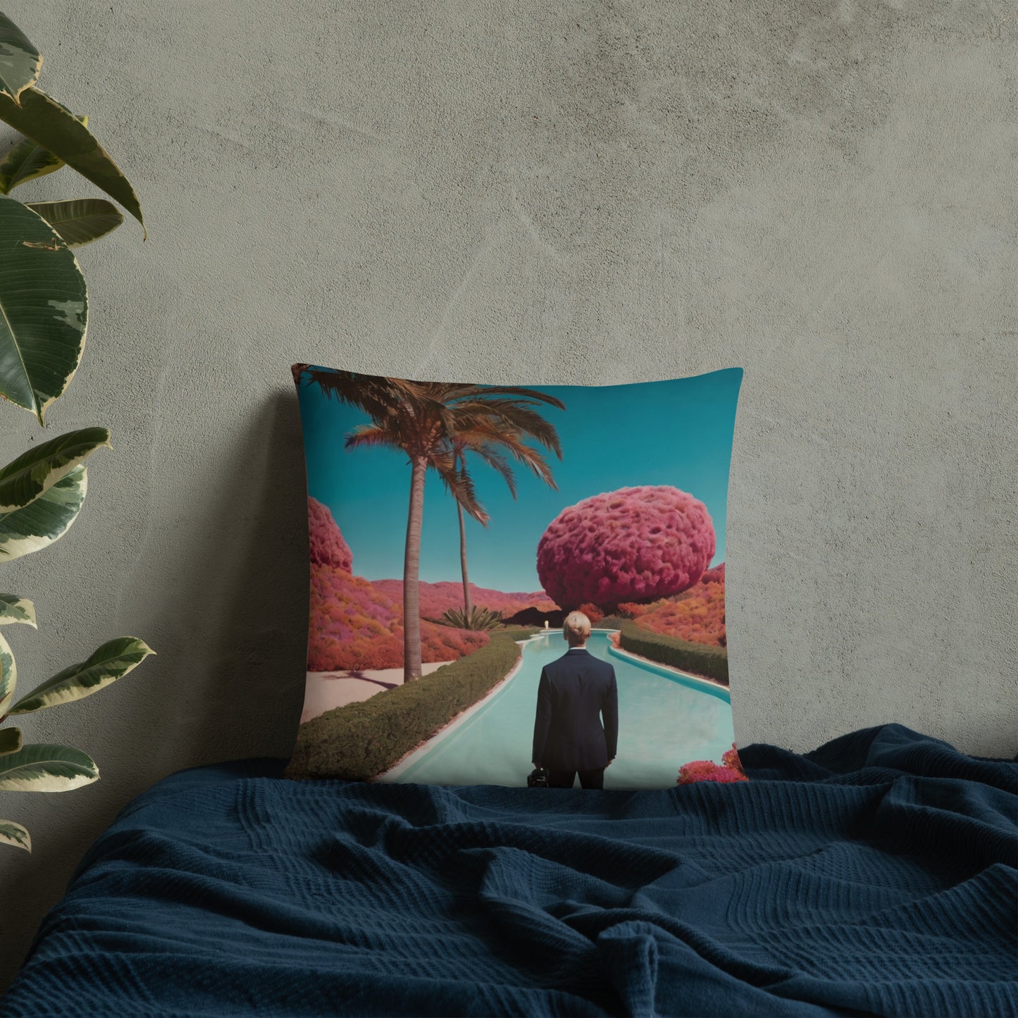 Turquoise accent pillow cover with palm-lined path, man from behind, pink tree landscape