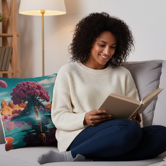 Teal accent pillow with surreal tree and lake scene, square printed design