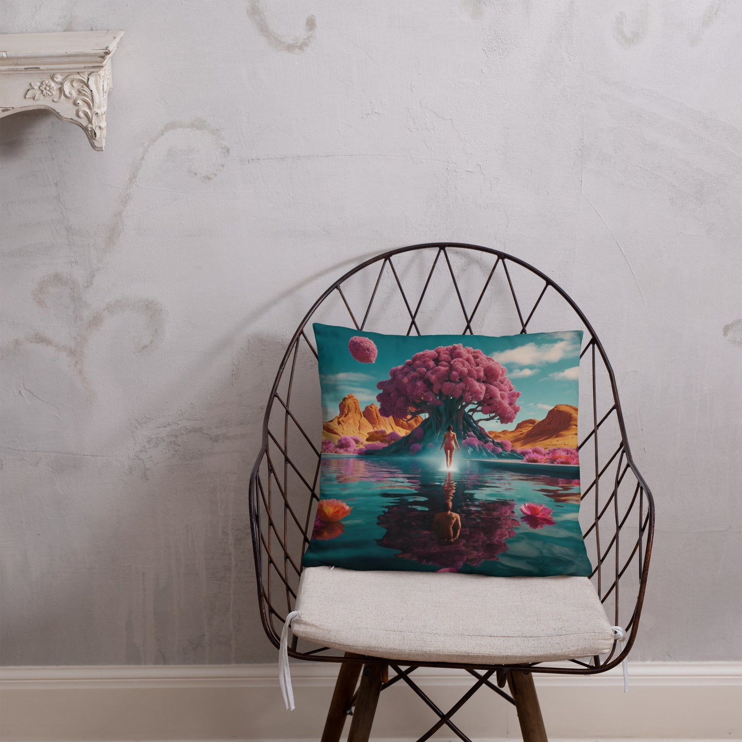 Turquoise accent pillow cover with pink tree over river reflection and lone figure