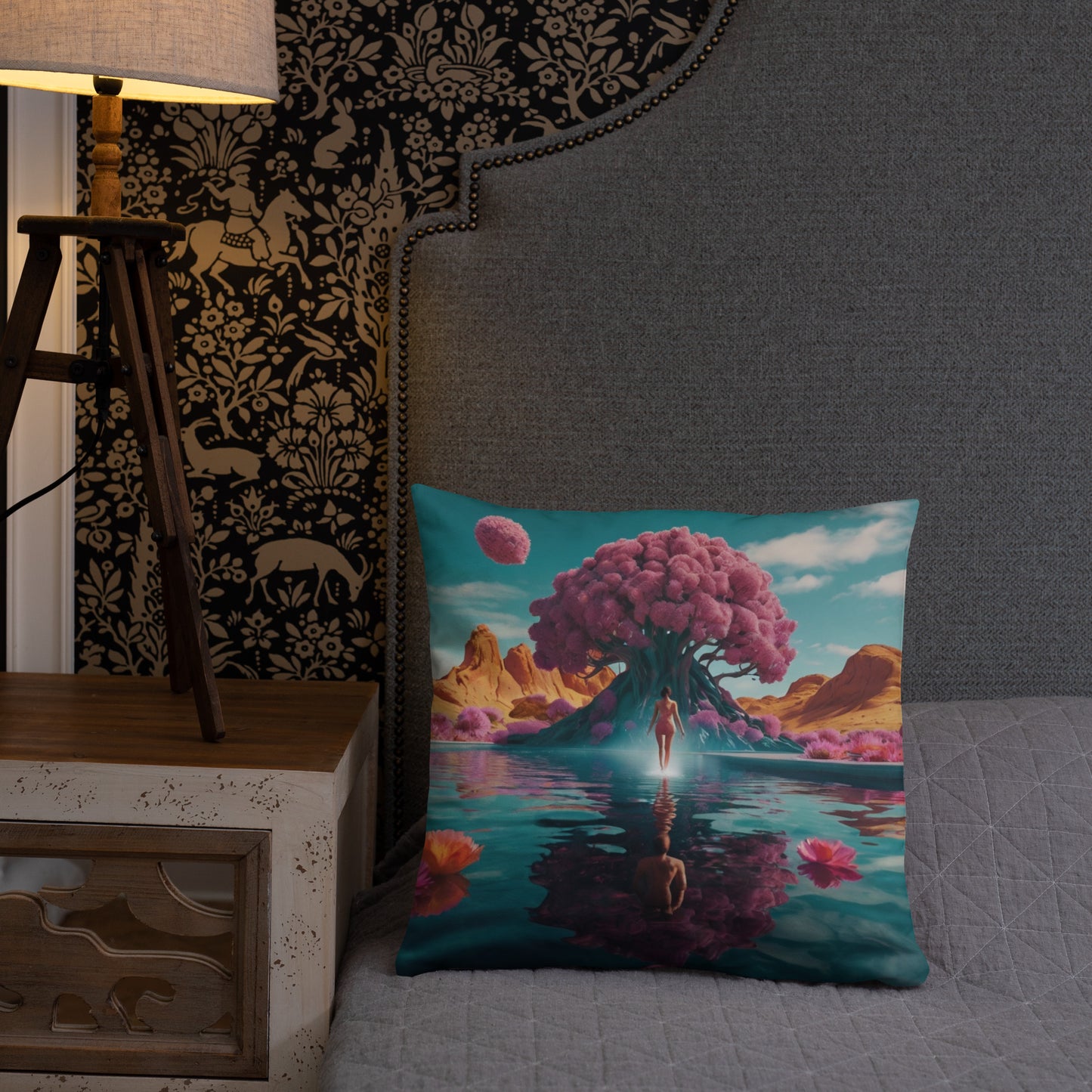 Turquoise accent pillow cover with giant pink tree, flowers, and mirrored figure in river