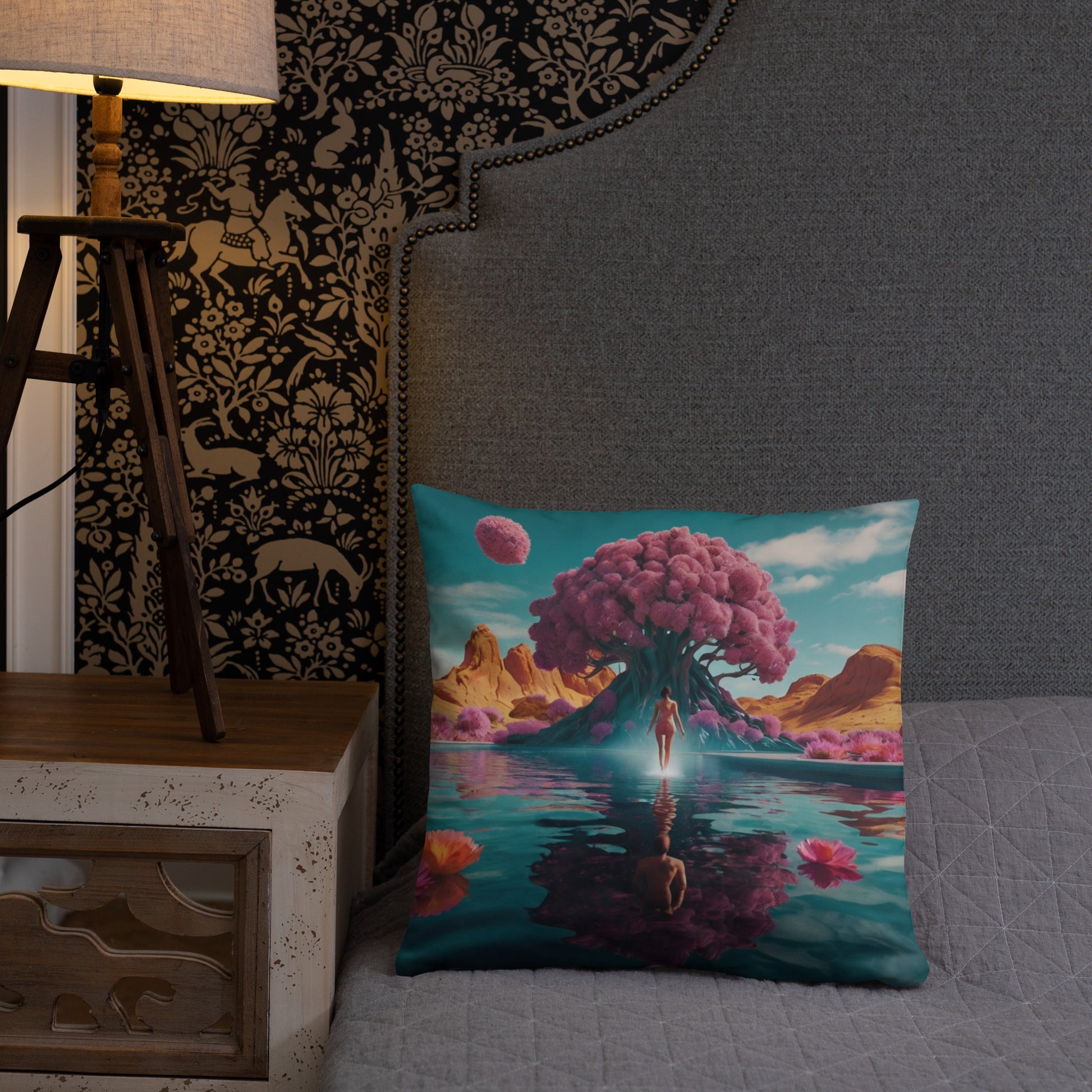 Turquoise accent pillow cover with giant pink tree, flowers, and mirrored figure in river
