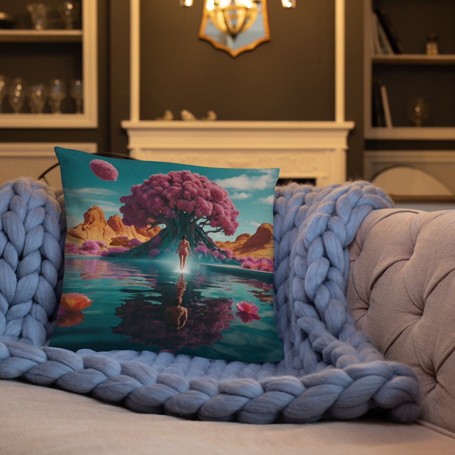 Turquoise accent pillow cover with large pink tree, person standing in reflective water