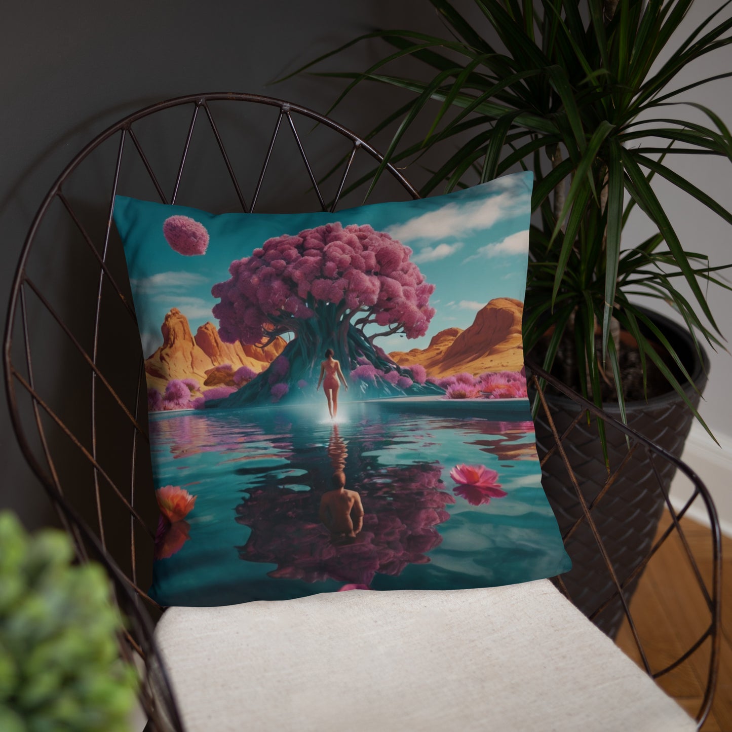 Turquoise accent pillow cover with pink tree canopy and mirrored figure in river scene