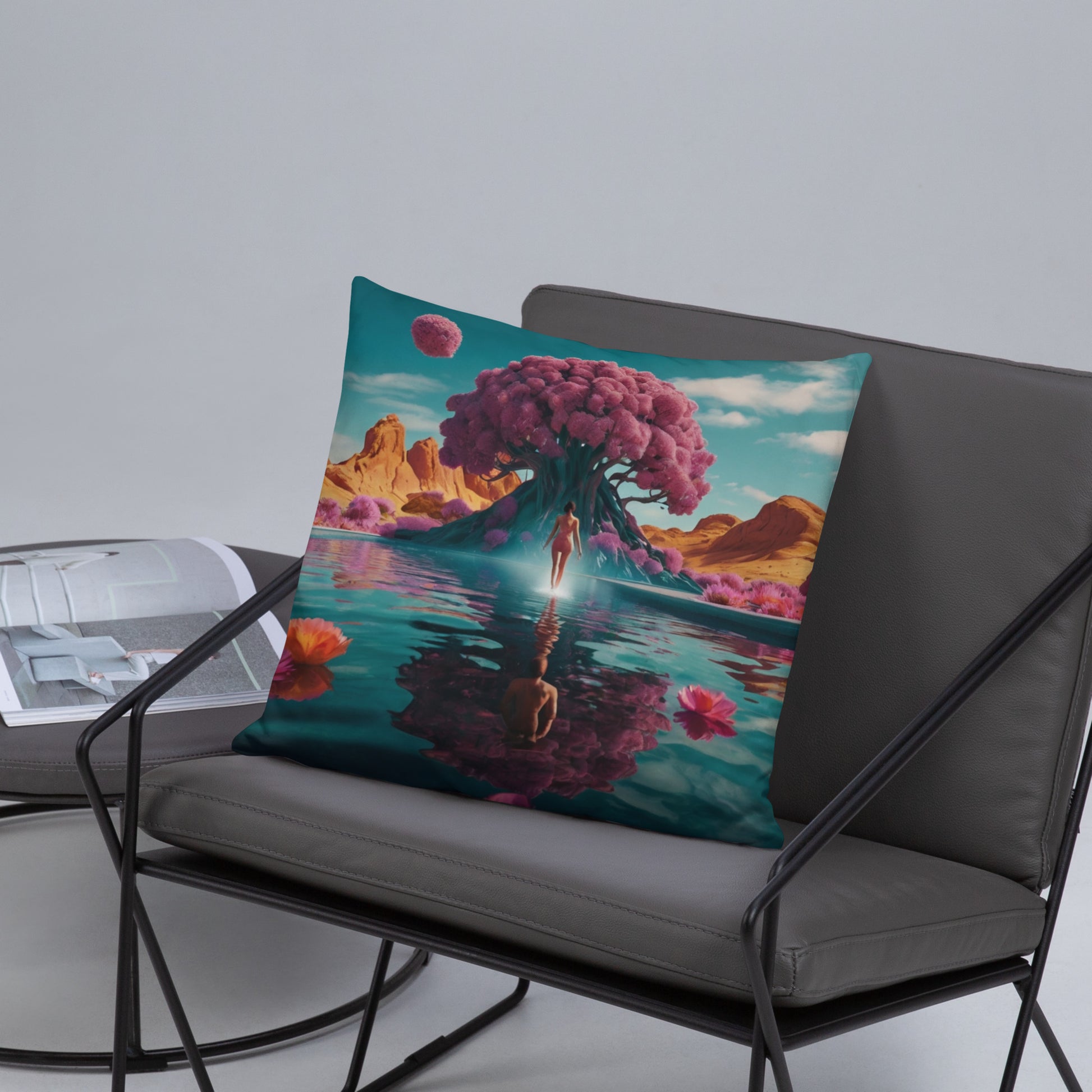 Turquoise accent pillow cover with big pink tree and person reflected in water