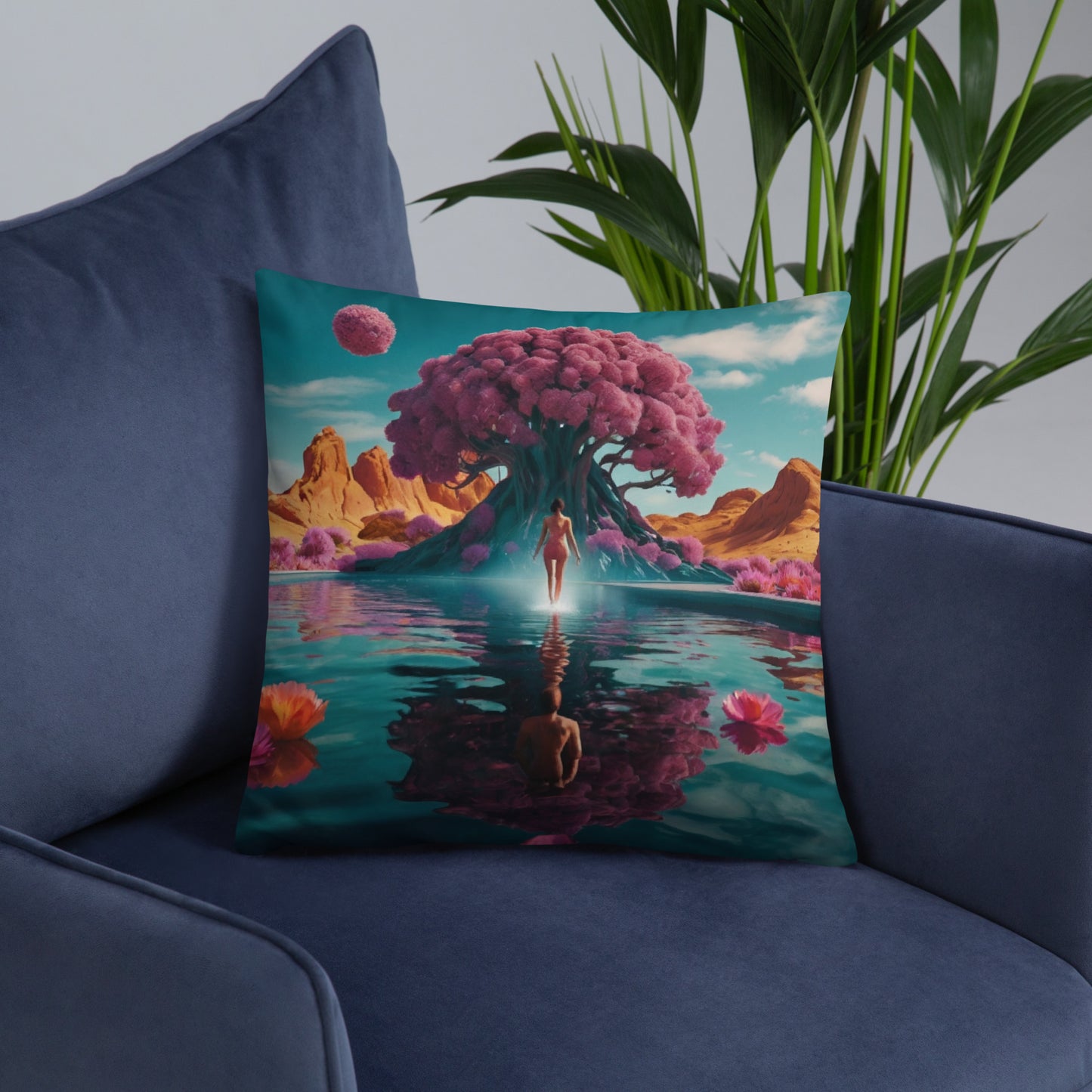 Turquoise accent pillow cover with pink tree, river reflection, and small flowers at bottom