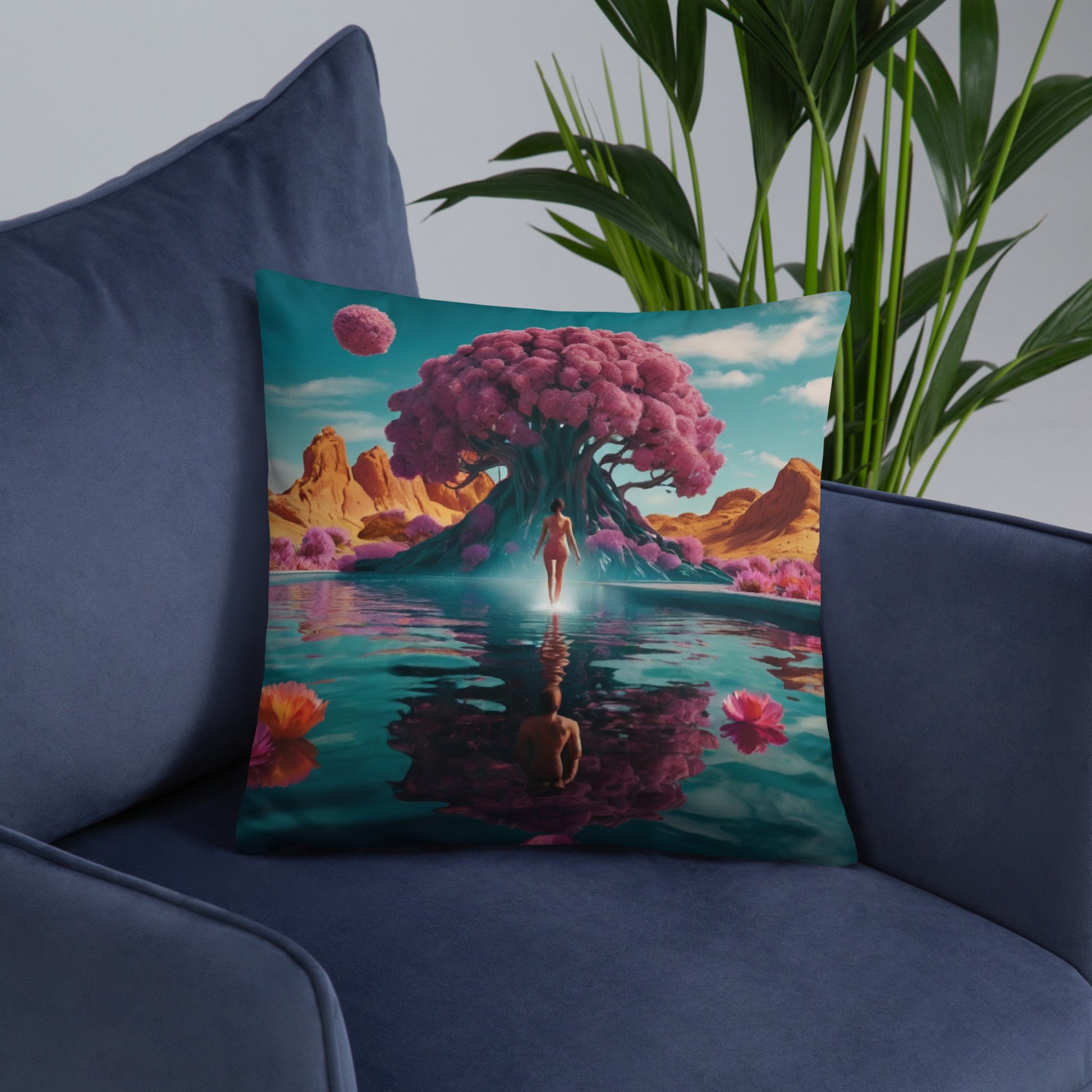 Turquoise accent pillow cover with pink tree, river reflection, and small flowers at bottom