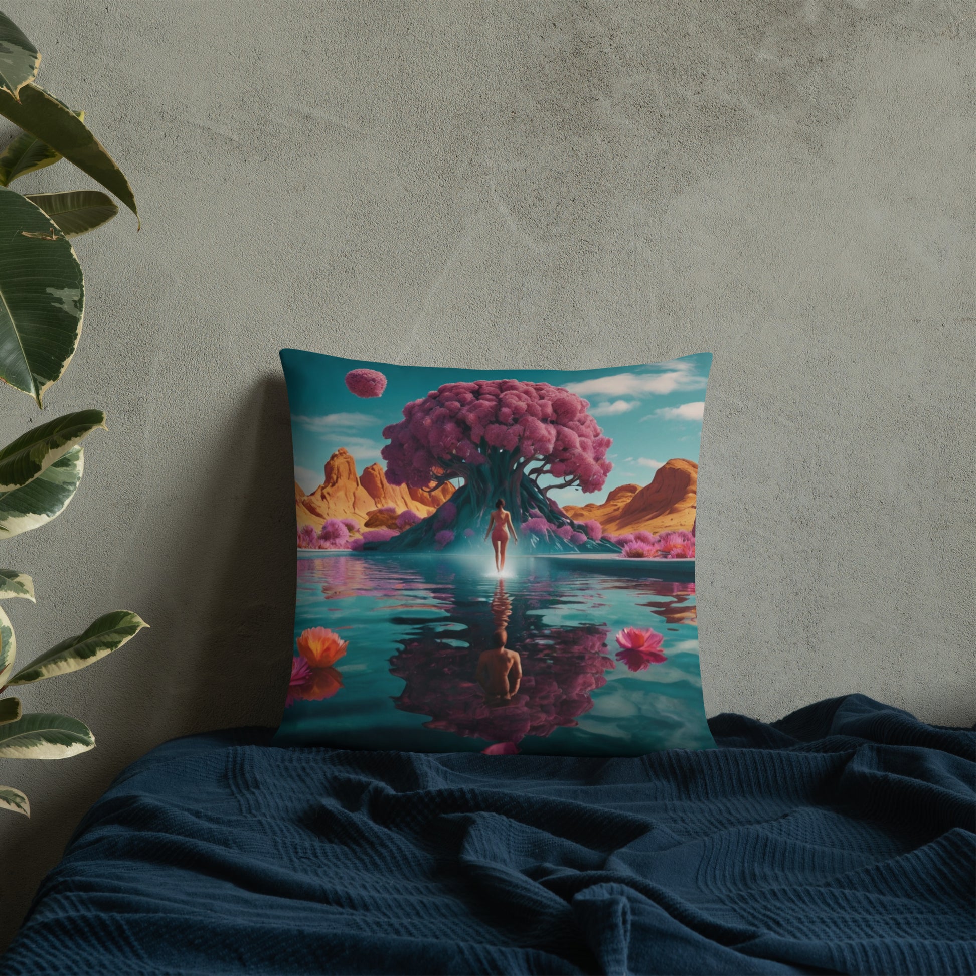 Turquoise accent pillow cover with large pink tree, person in water reflection