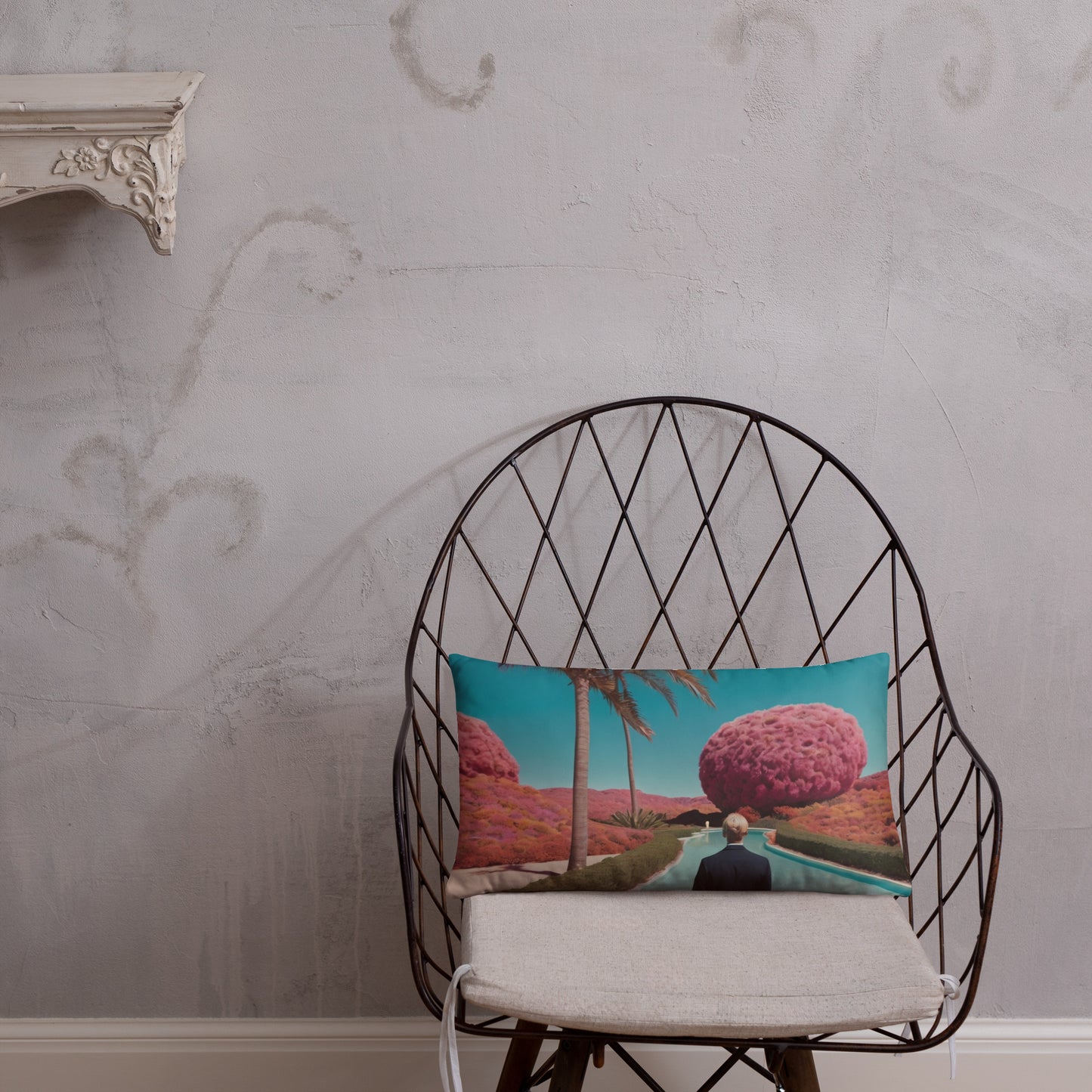 Rectangular accent pillow with teal landscape scene print, giant pink tree, and river