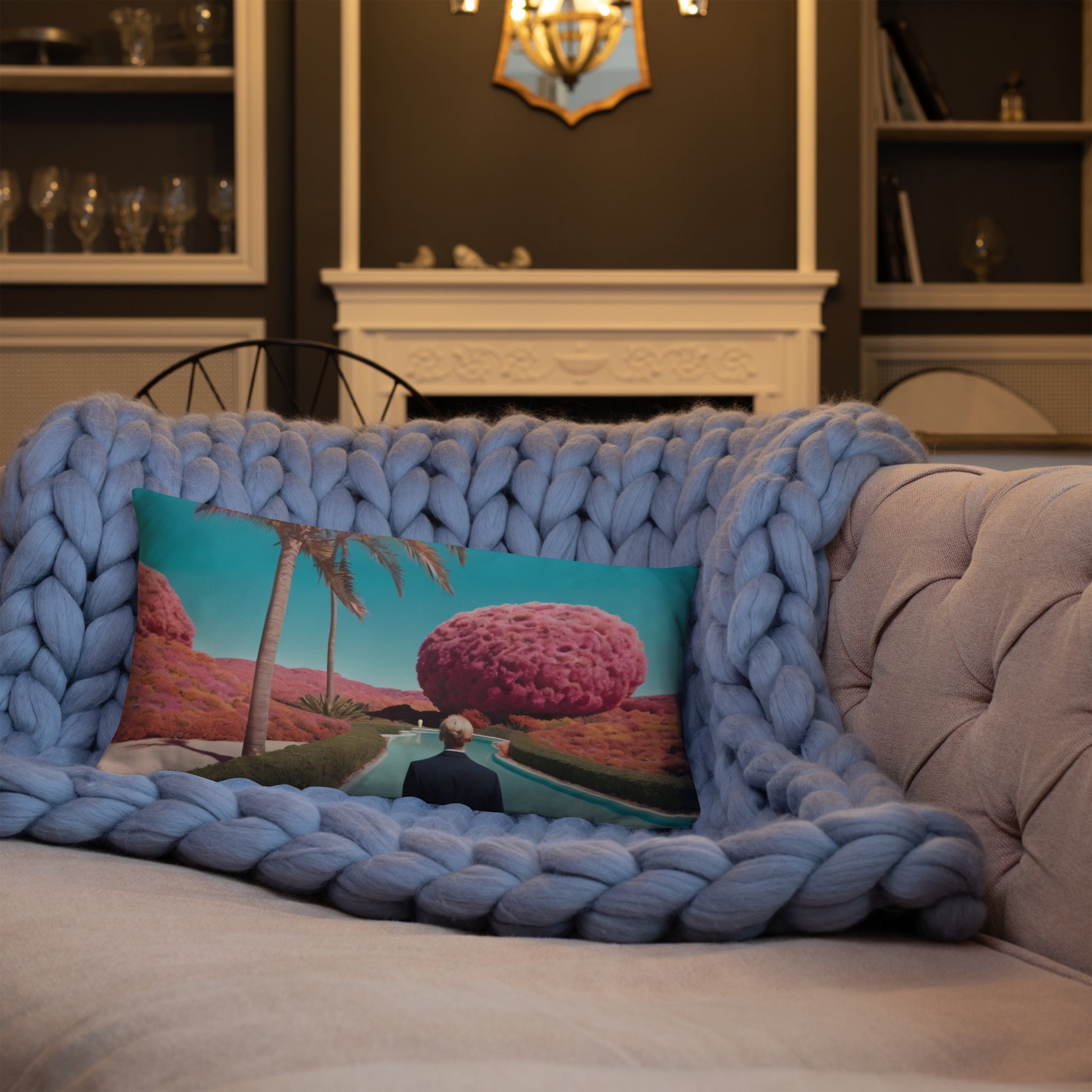 Rectangular accent pillow with teal fantasy print, pink tree canopy, and calm water reflection