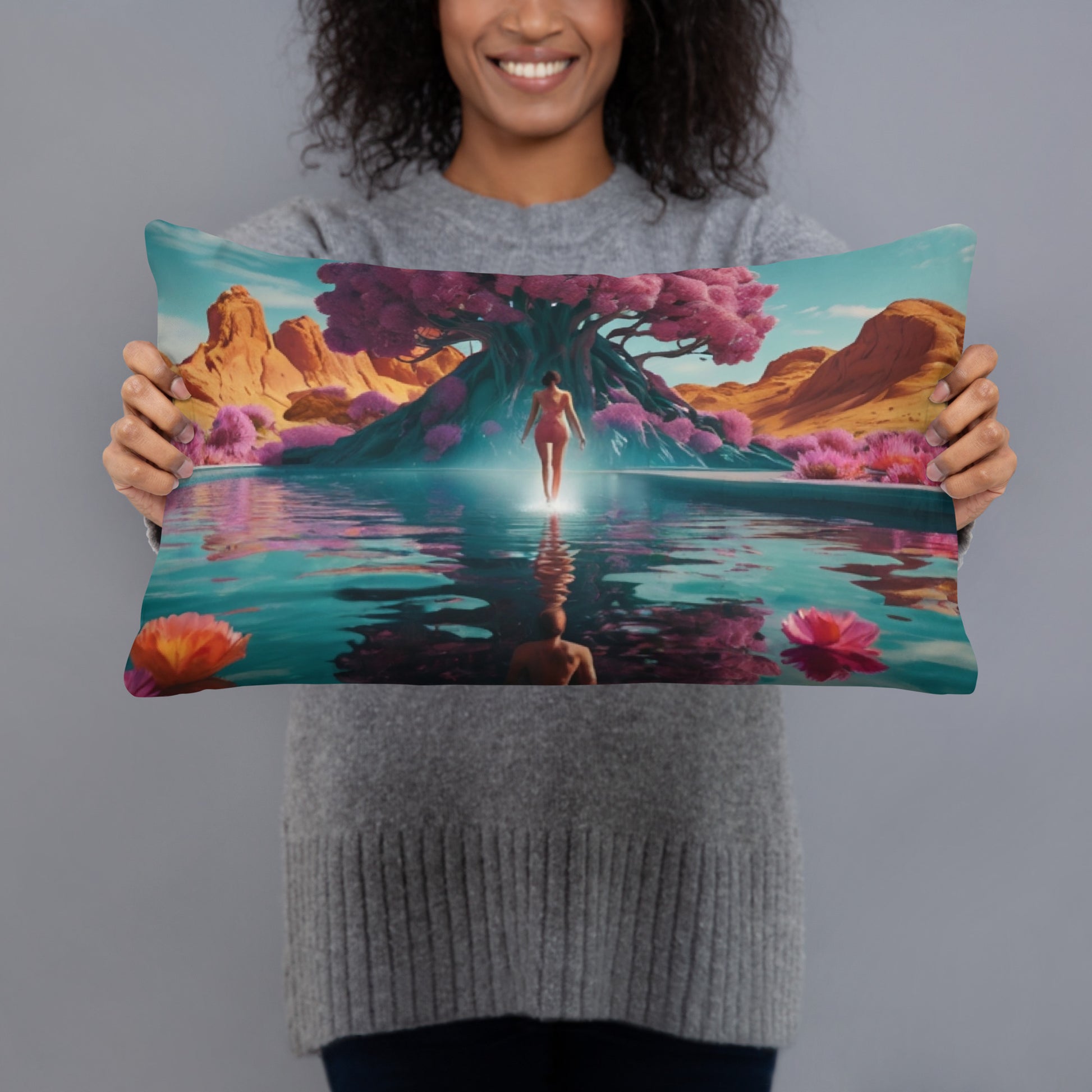 Accent pillow with colorful landscape artwork, teal water, silhouette, pink flowers
