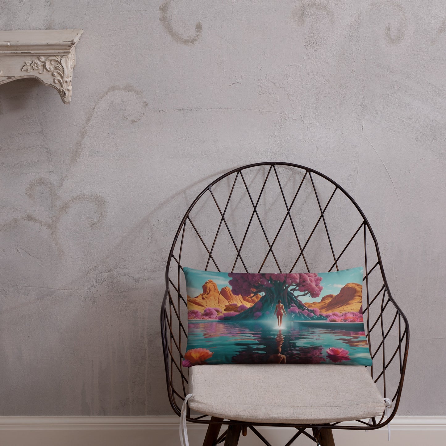 Accent pillow on stand: teal sunset water scene with person and colorful foliage.