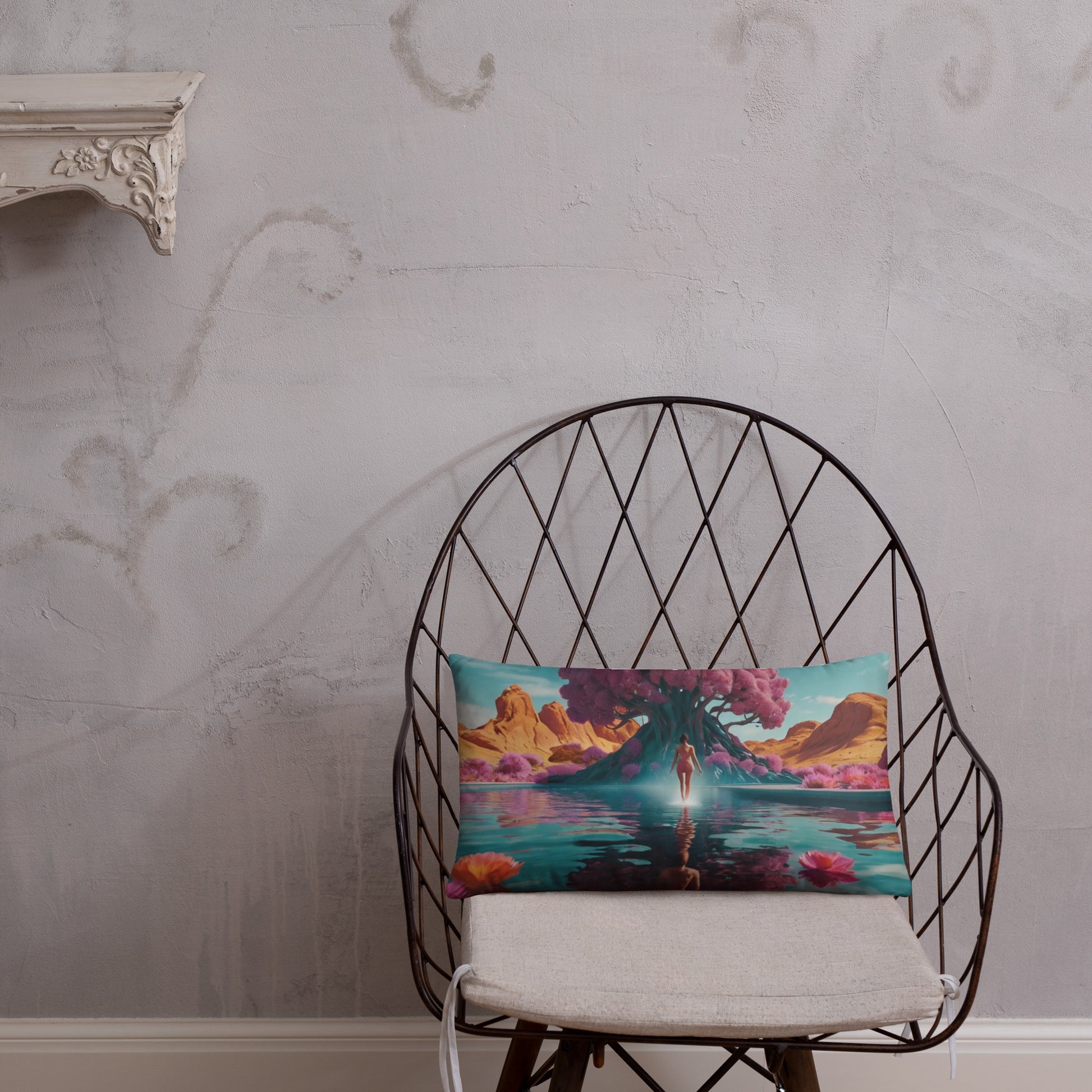 Accent pillow on stand: teal sunset water scene with person and colorful foliage.