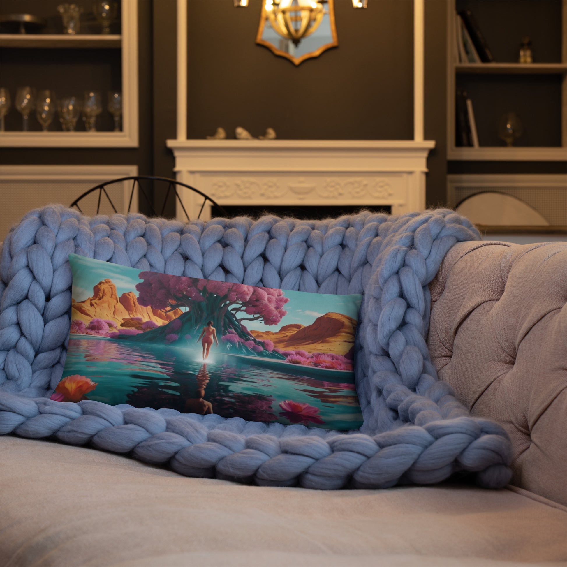 Accent pillow with teal landscape graphic, palm tree and pink cloudlike tree on bed.