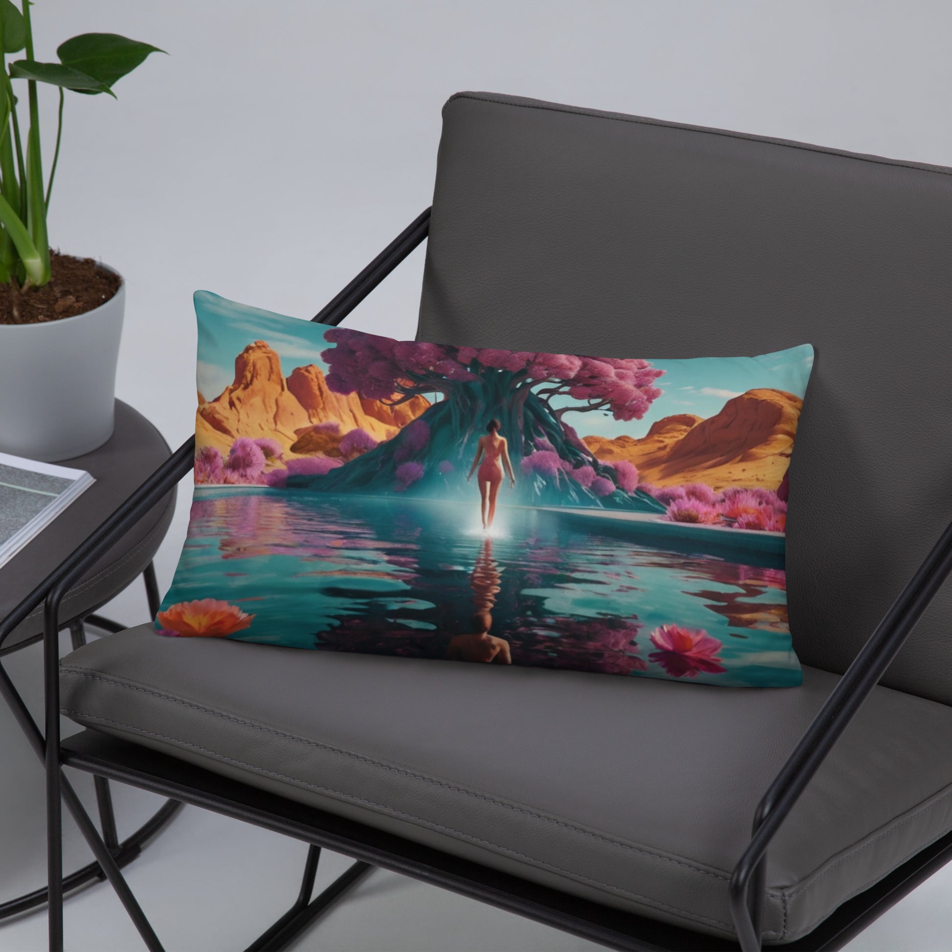 Accent pillow with teal lake scene artwork, figure reflected in water and flowers.