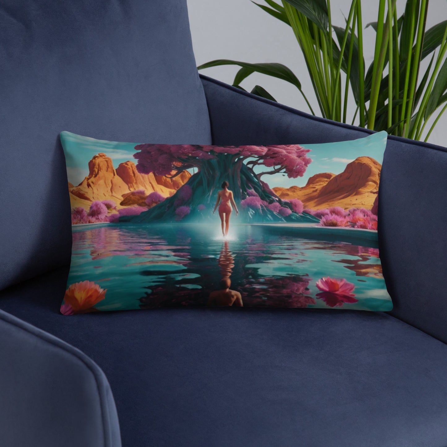 Rectangular accent pillow with teal fantasy landscape print, flowing water, and glowing figure
