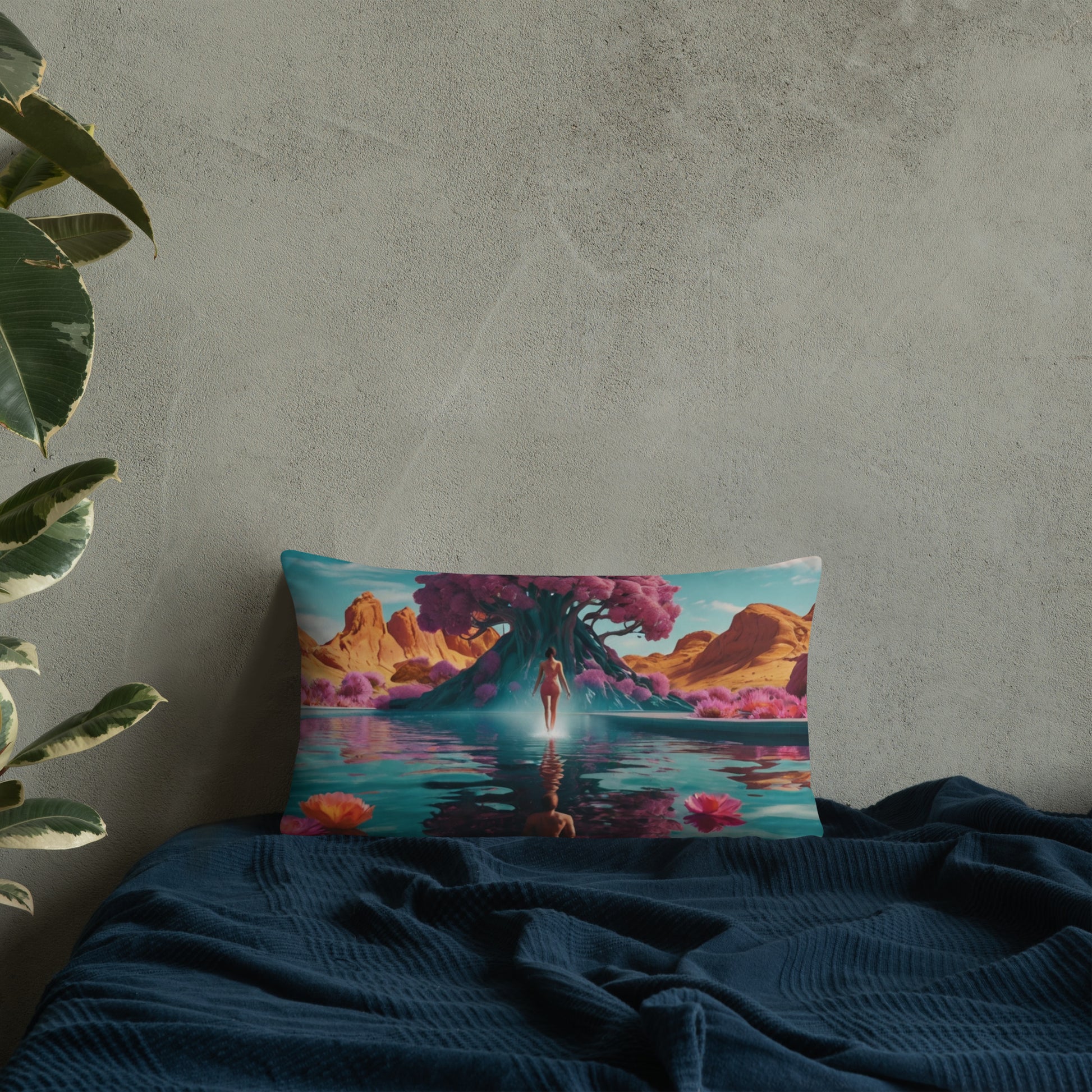 Accent pillow with teal water landscape artwork and floating flower details.