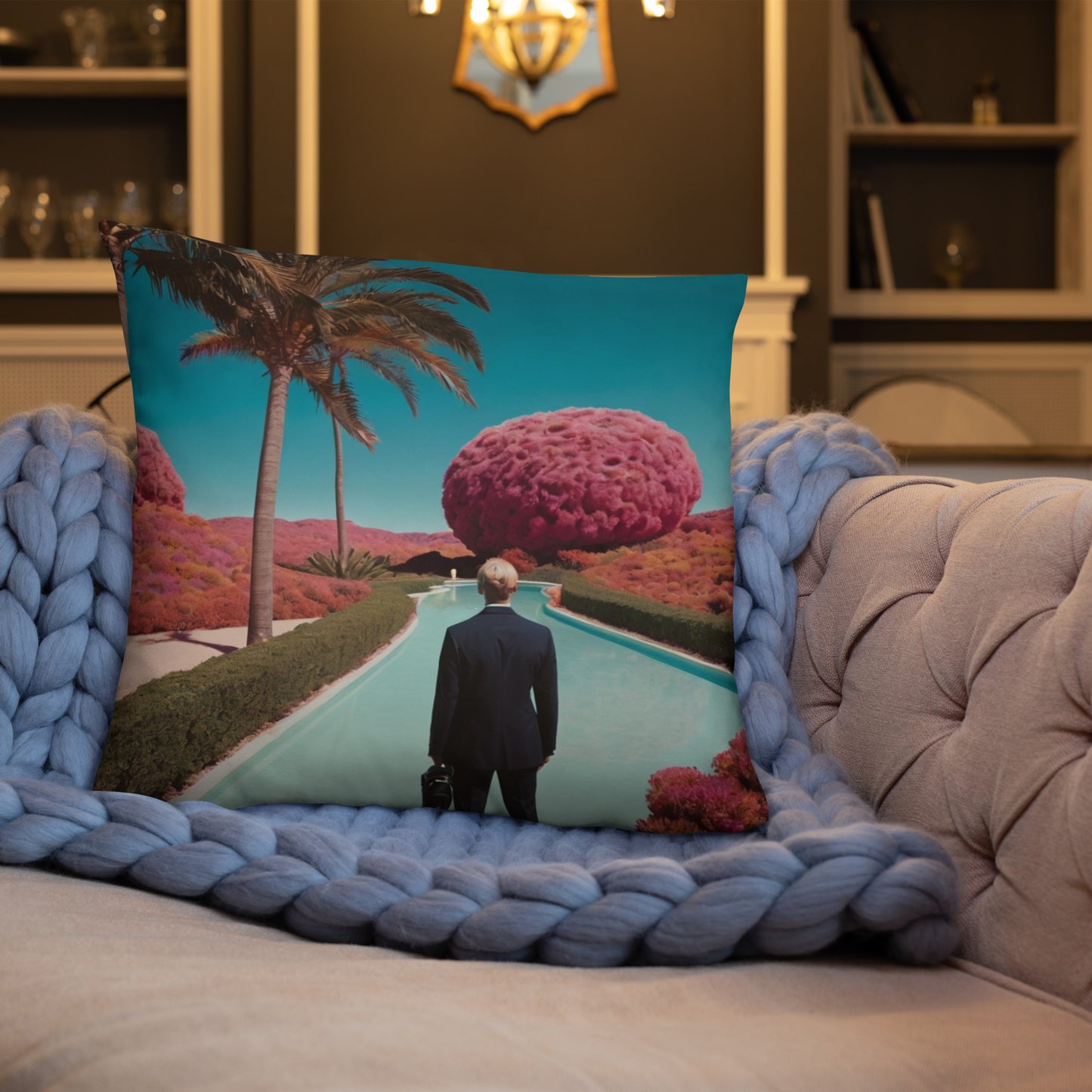 Teal accent pillow with pool scenery, palm tree, and a man in dark jacket in foreground