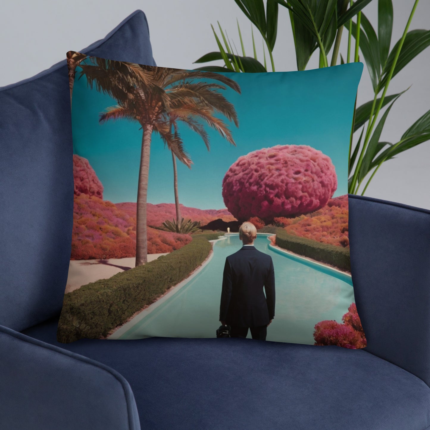Teal accent pillow showing pool road, tall palm tree, and a man from behind near pink hills
