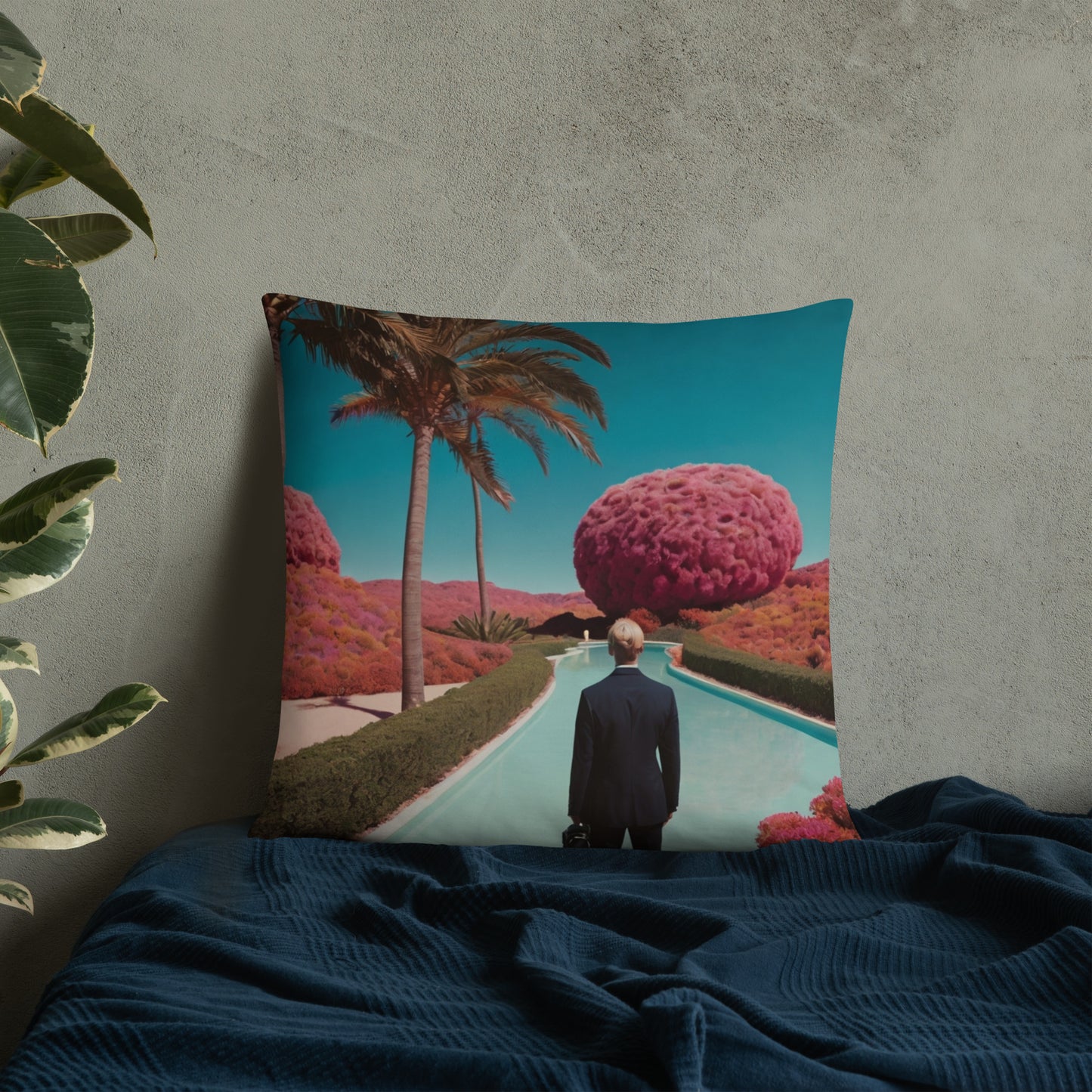 Teal accent pillow showing a pool path, palm tree, and a man standing near pink hills