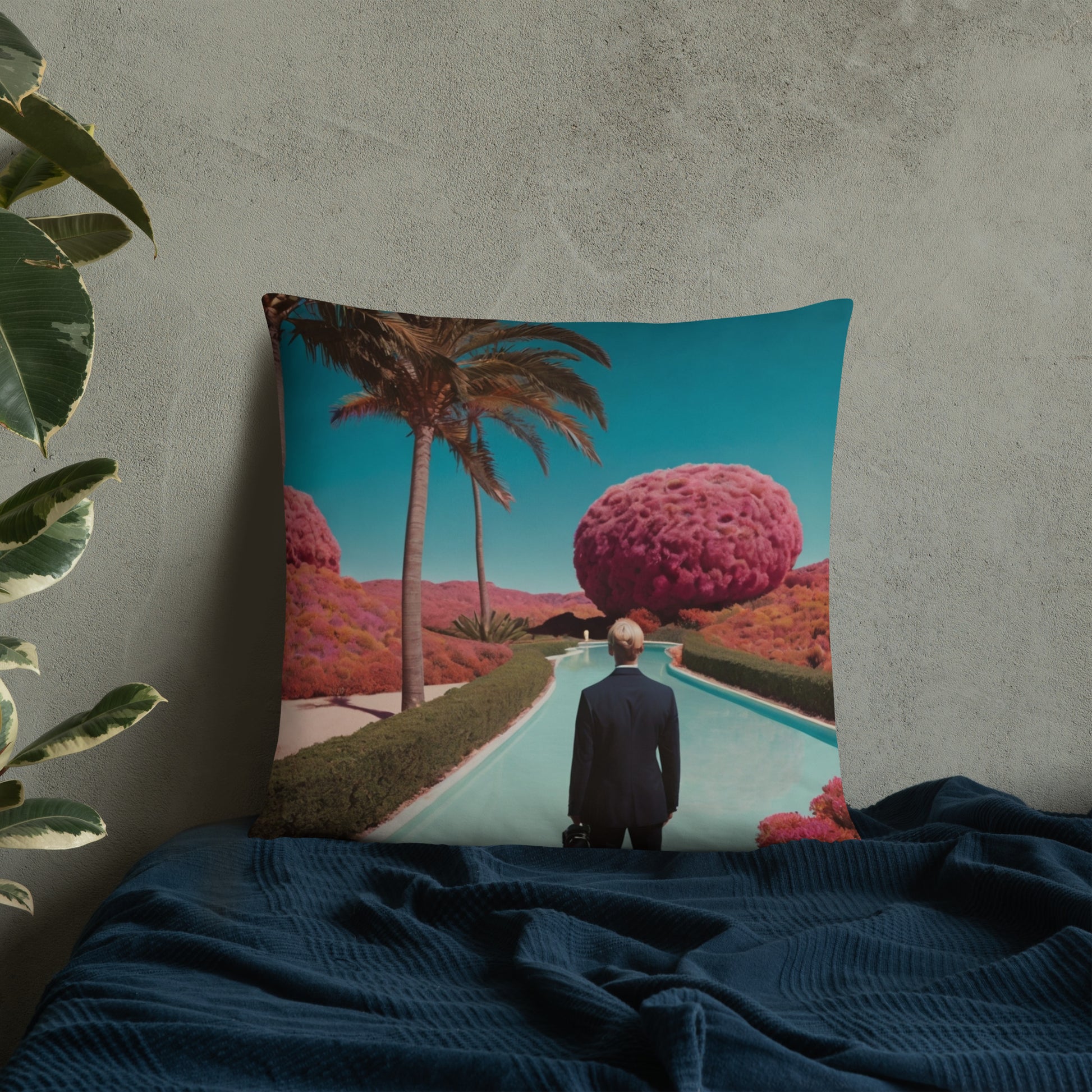 Teal accent pillow showing a pool path, palm tree, and a man standing near pink hills