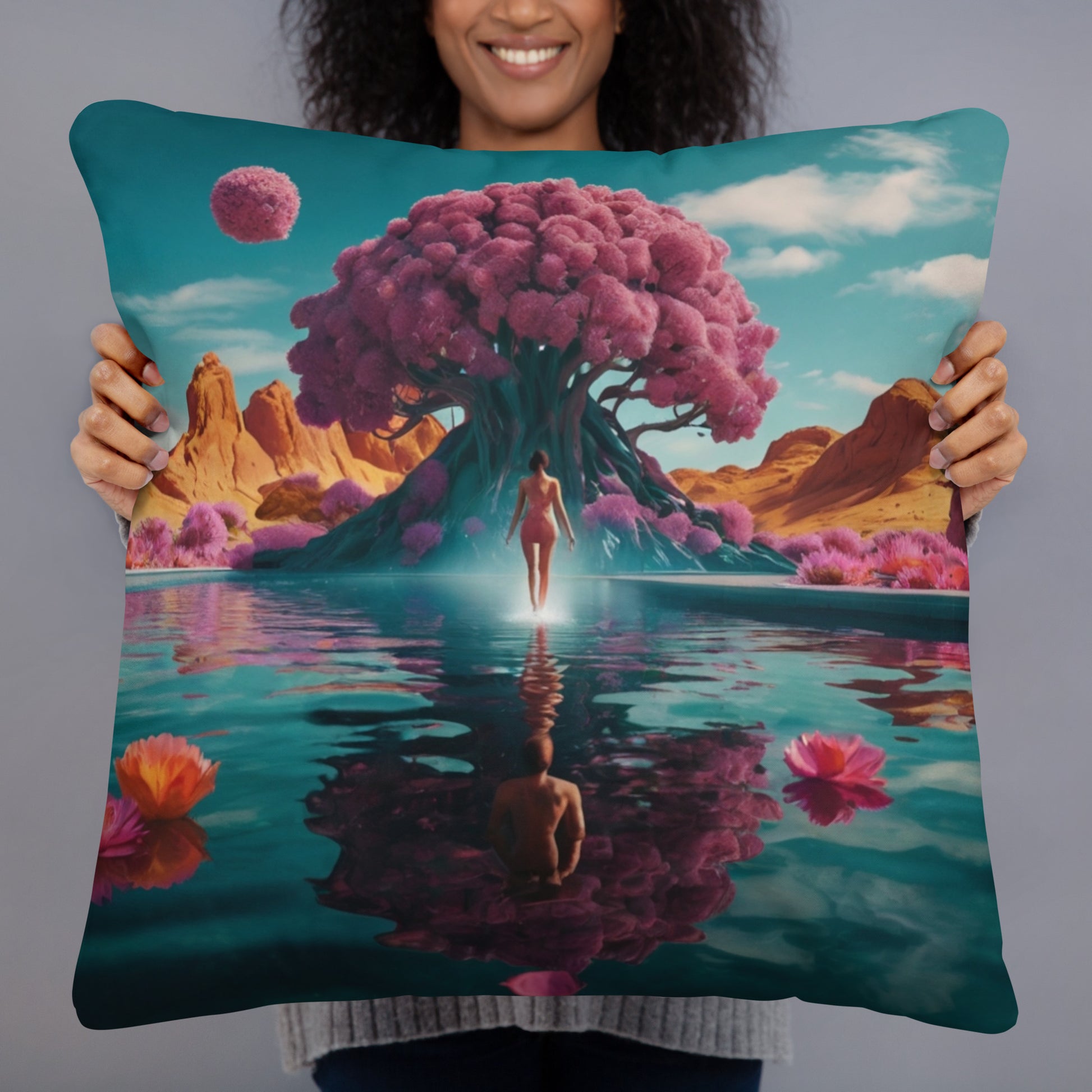 Accent pillow with colorful floral landscape print, pink tree and mirrored figure