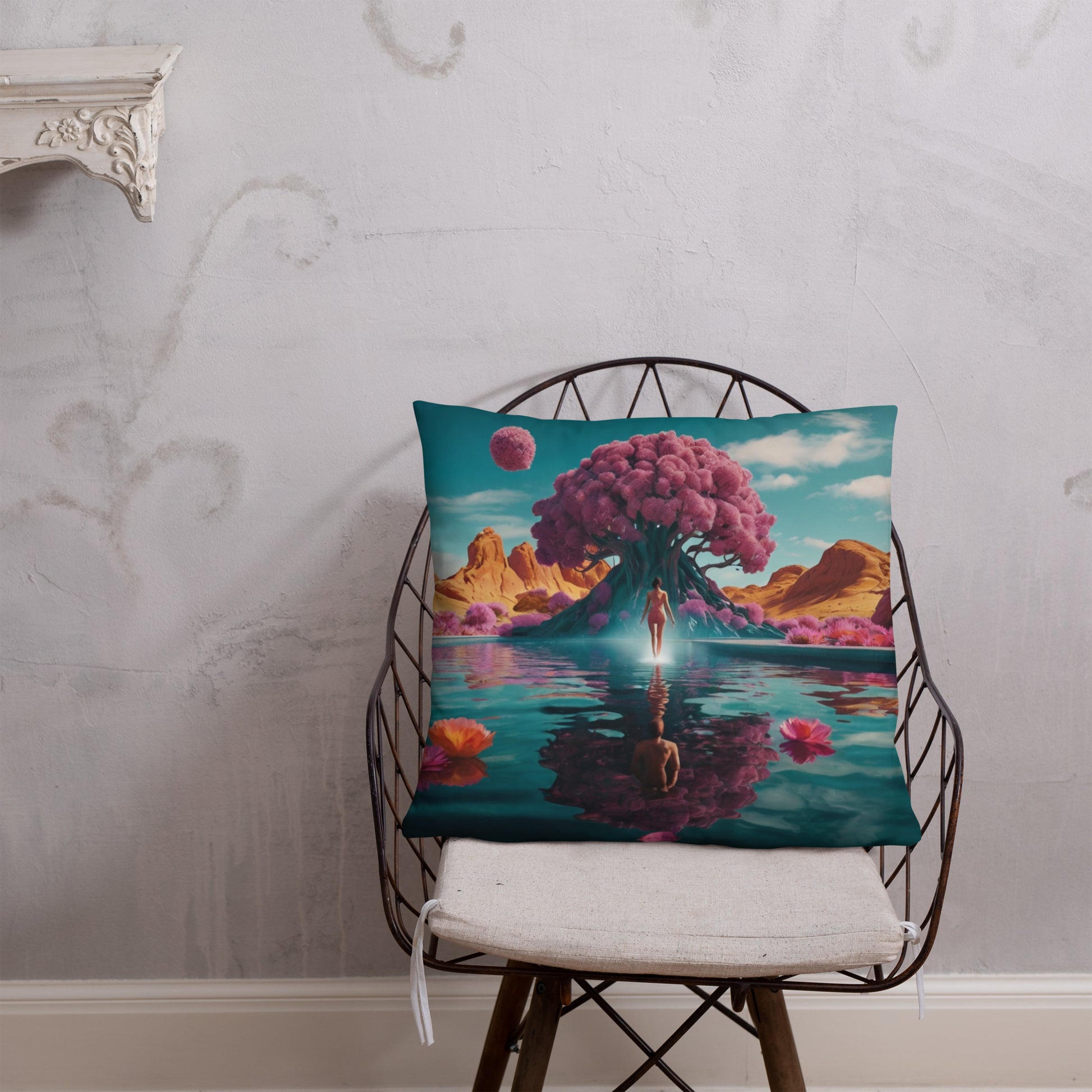Rectangular accent pillow with teal fantasy landscape print, pink tree, flowers, and glowing figure