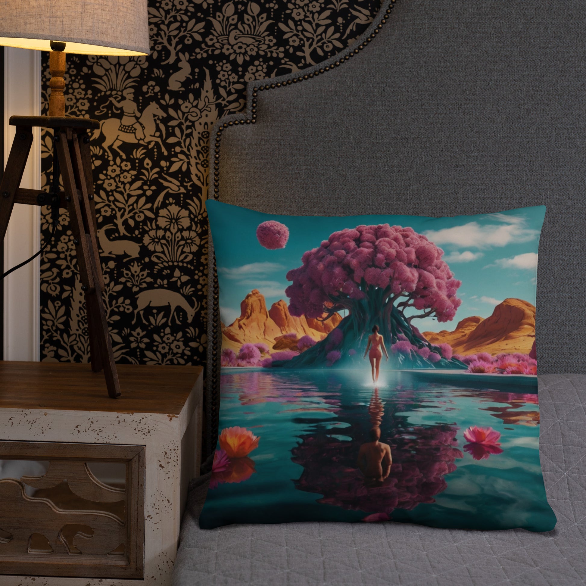 Rectangular accent pillow with teal landscape print, giant pink tree, and reflective water