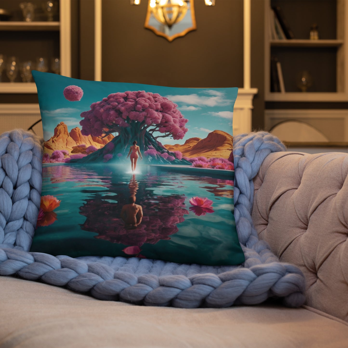 Rectangular accent pillow with teal fantasy print, pink tree canopy, river reflections, and figure