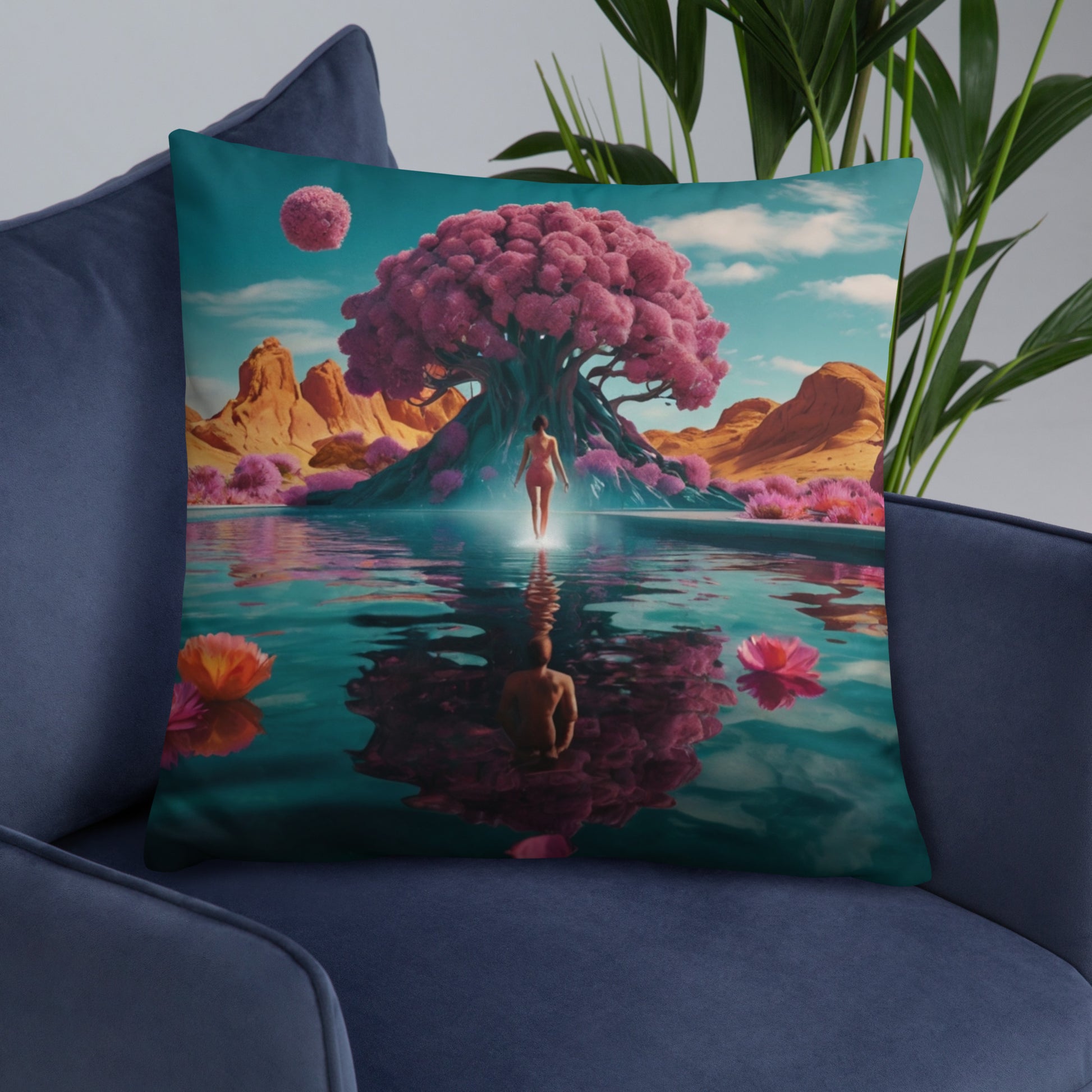 Teal accent pillow with surreal tree canopy, standing figure, and water reflection landscape