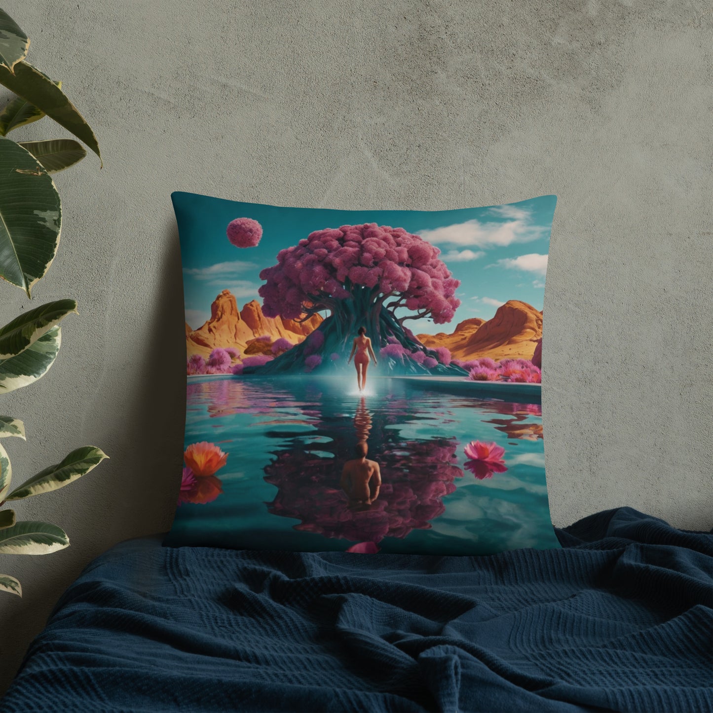 Teal accent pillow with surreal purple tree, standing figure, and mirrored water reflections