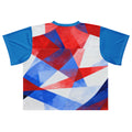 Boxy football jersey flat lay from back with red, white, and blue geometric graphic; blue trim