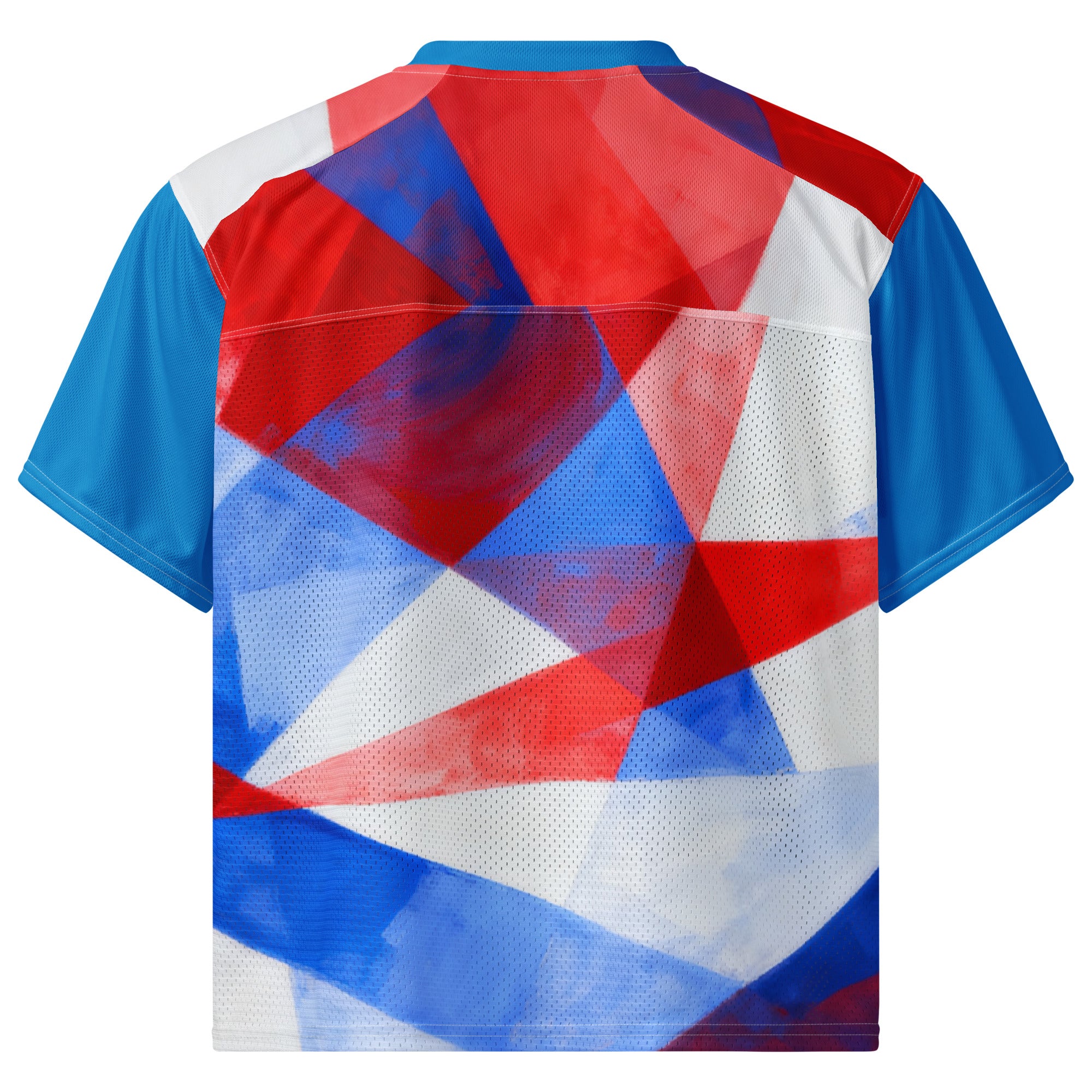 Boxy football jersey back view with red, white, and blue geometric print; blue sleeve trim