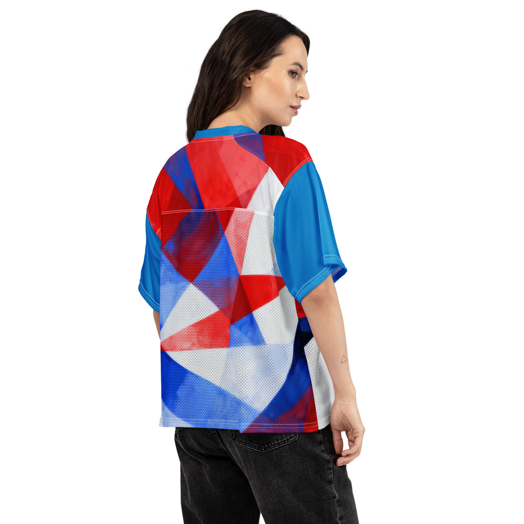 Boxy football jersey worn by model from back; red, white, and blue geometric print